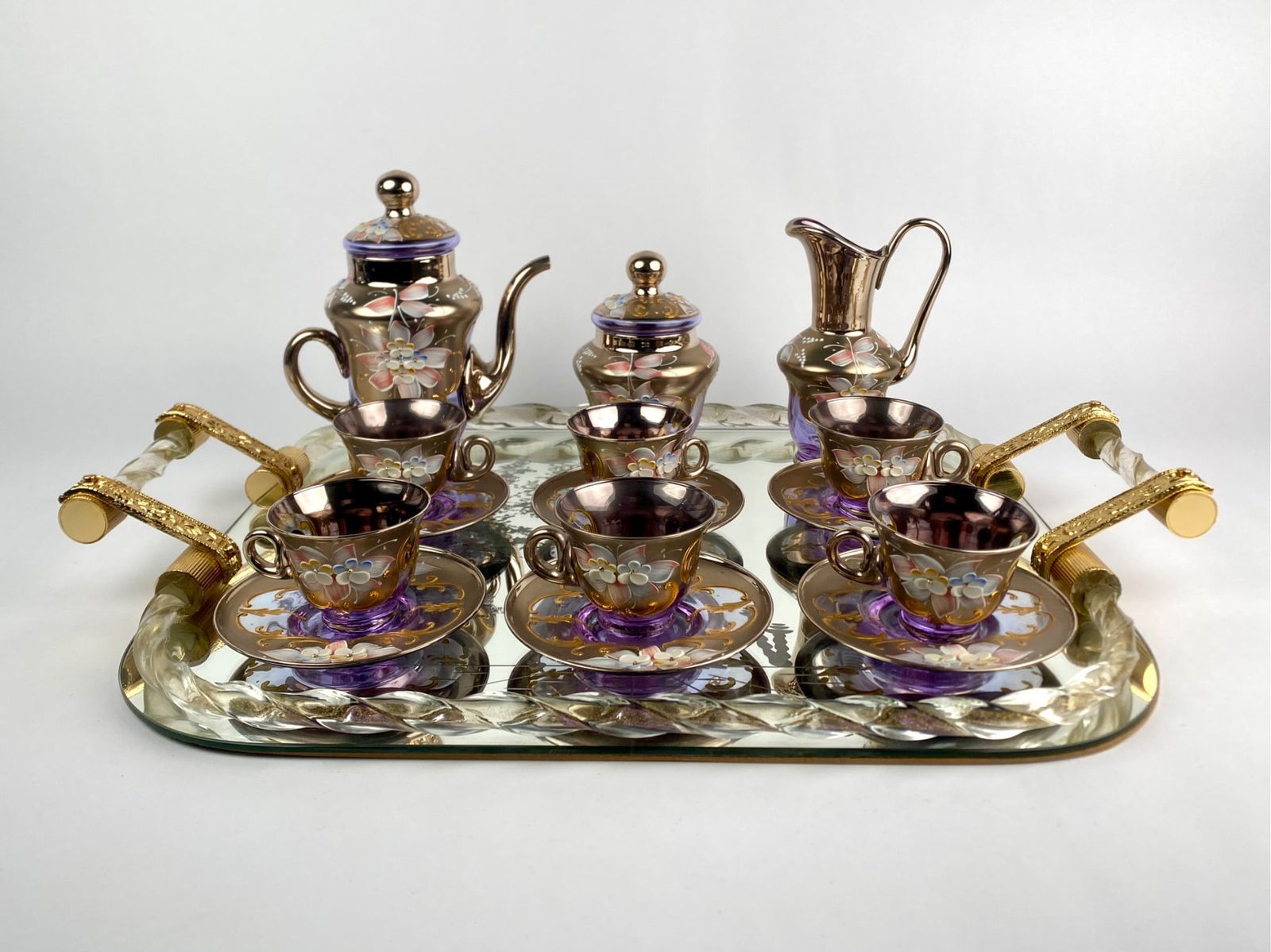 Bohemian Hand-Painted Amethyst Glass Tea Service with Tray, 10 Pieces (1 of 12)