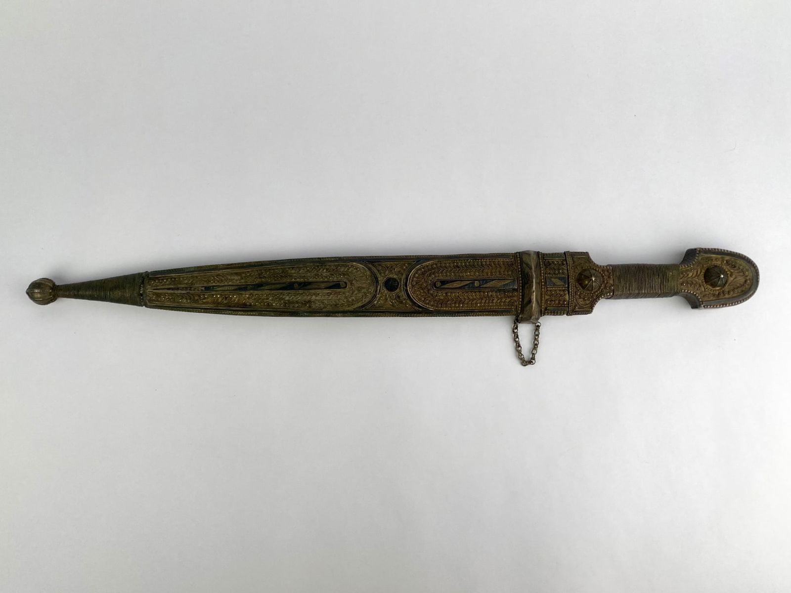 Antique Double-Edged Dagger with Ornate Metal Hilt and Scabbard (1 of 11)