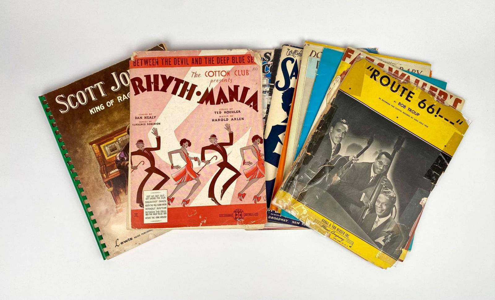 Collection of Vintage Jazz, Blues & Popular Sheet Music – Ellington, Fats Waller, Route 66, Scott: Vintage sheet music, including notable titles such as “Rhythm-Mania,” “Scott Joplin: King of Ragtime,” “Short’nin’ Bread,” “Hello, Dolly!” and works by artists like