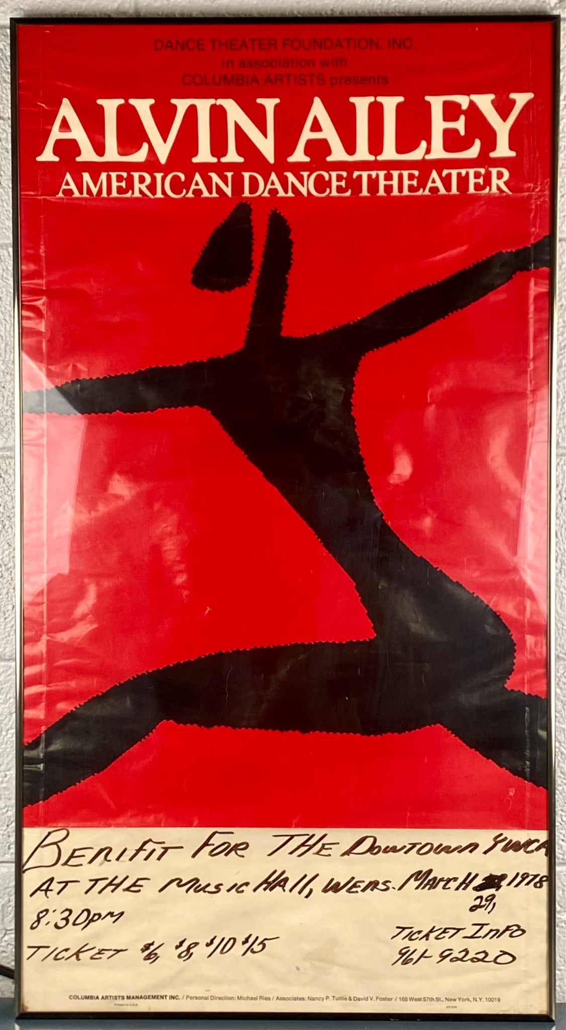 1978 Framed Alvin Ailey American Dance Theater Benefit Poster: Original 1978 Alvin Ailey American Dance Theater benefit poster issued by the Dance Theater Foundation in association with Columbia Artists. The lower margin advertises a benefit performance held at t