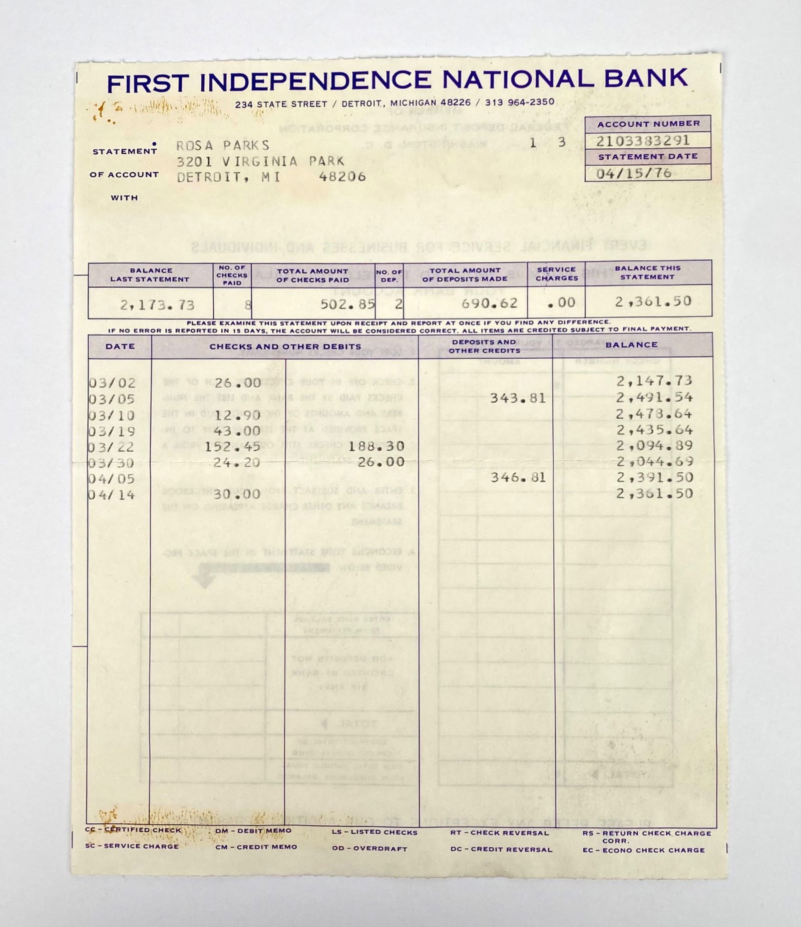 Rosa Parks – Detroit Bank Statement, First Independence, 1976 (1 of 3)