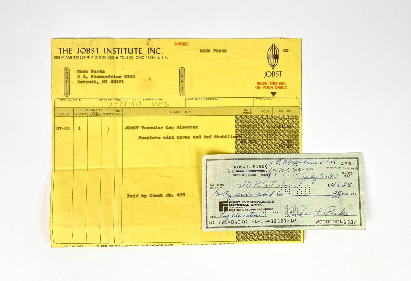 Rosa Parks – Signed Check with Matching Detroit Jobst Institute Receipt 1980 (1 of 6)