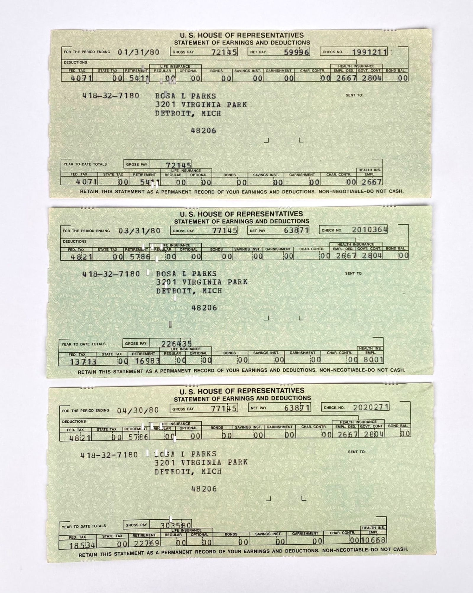 Rosa Parks – Three U.S. House of Representatives Statements of Earnings 1980: From the Rosa Parks Congressional Career Archive. | Three original U.S. House of Representatives Statements of Earnings and Deductions issued to Rosa L. Parks and dated January 31, March 31, and April