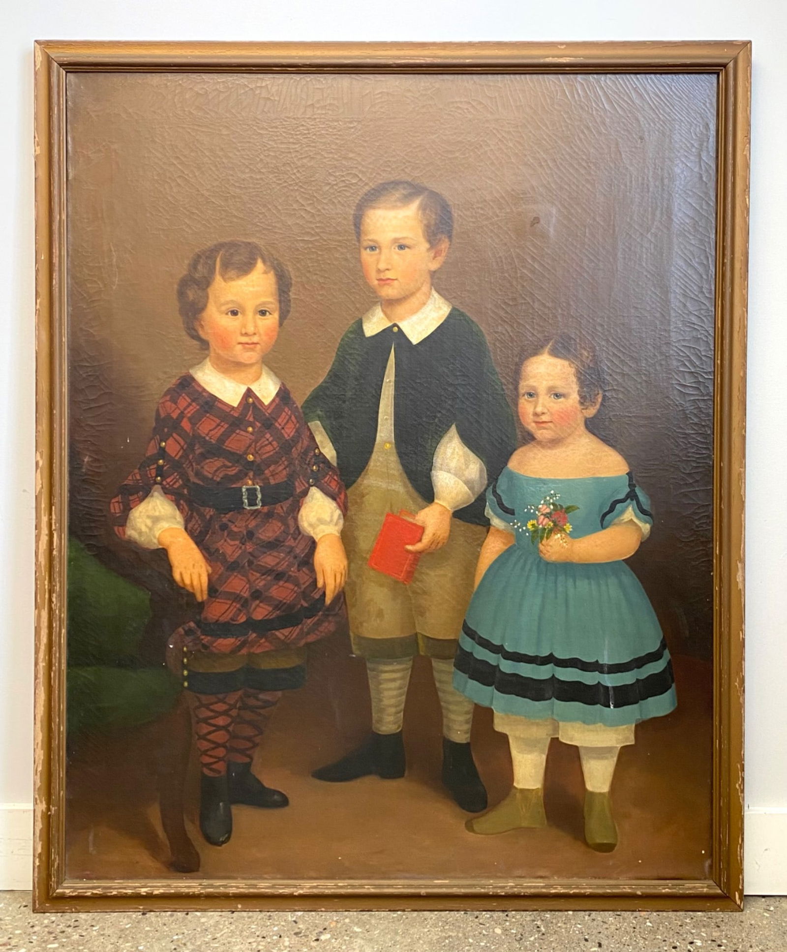 Extra Large Mid-19th Century American Folk Art Portrait of Three Children, c. 1840-1860, Oil on (1 of 12)