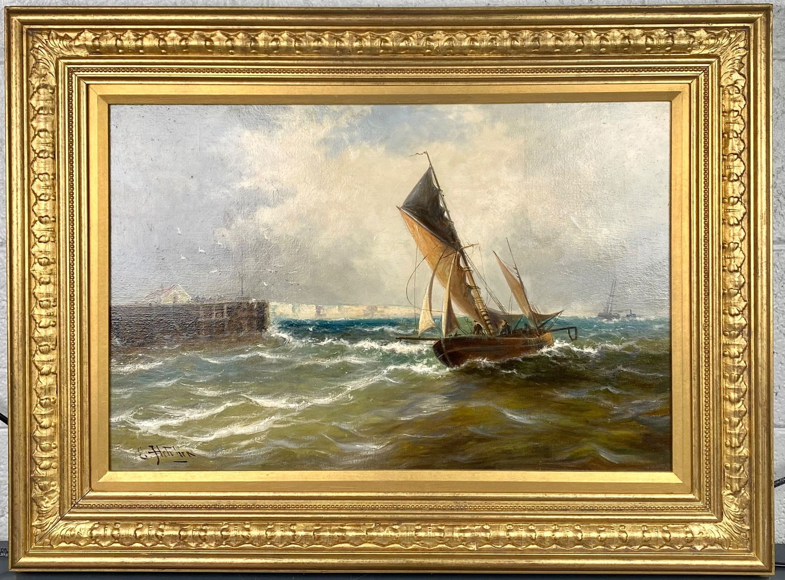 E. Fletcher (British, 1857-1945) Marine Harbor Scene Oil on Canvas in Golden Gilt Frame (1 of 10)