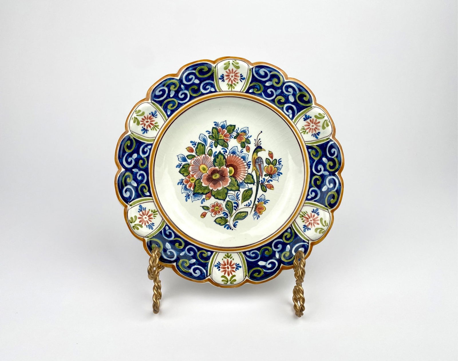 Hand-Painted Polychrome Delft Small Plate with Floral & Bird Motif, Holland (1 of 5)