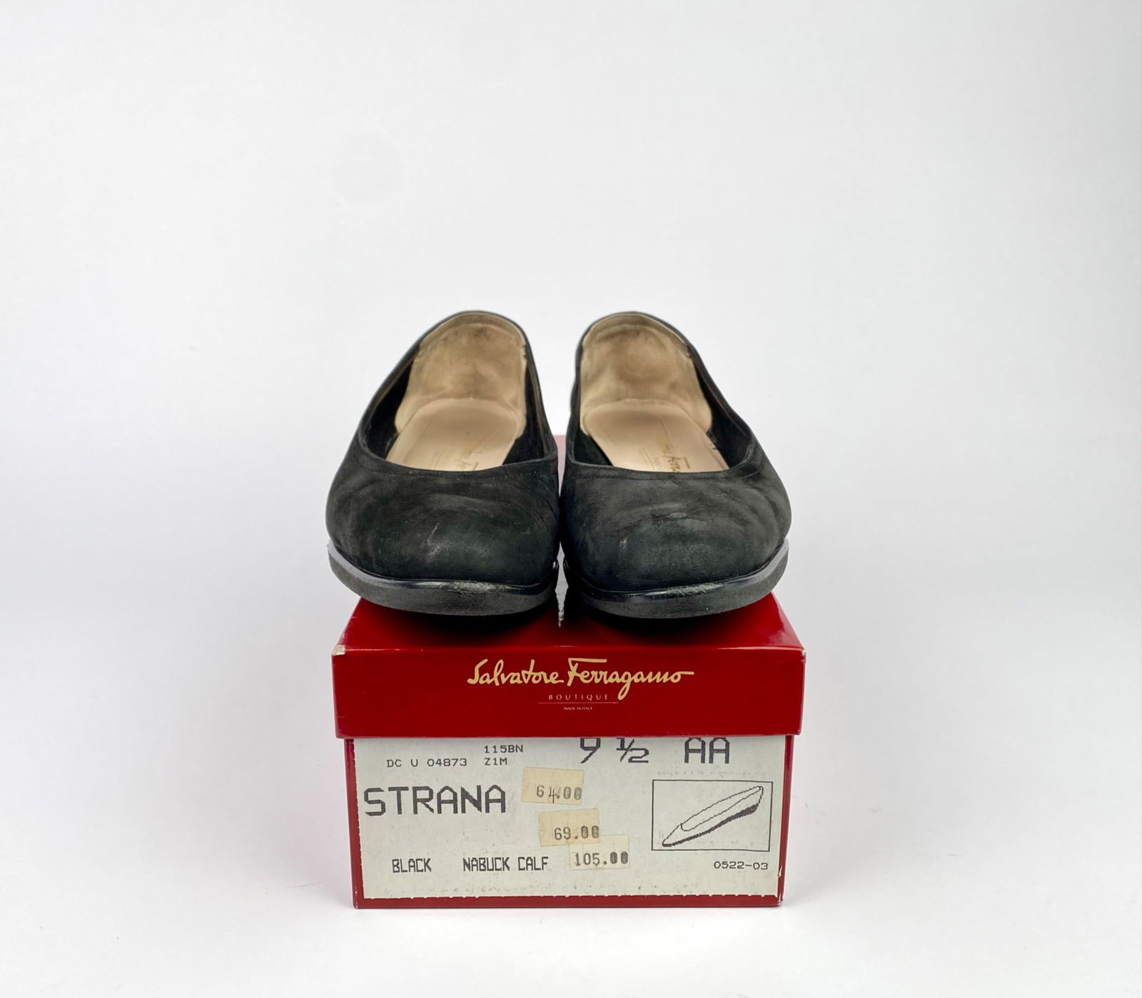 Salvatore Ferragamo ‘Strana’ Women’s Black Suede Flats in Original Box, Size 9.5 AA: Salvatore Ferragamo women’s flats composed of black suede. Marked as size 9 1/2 AA, with original insoles featuring the brand’s gold-lettered imprint. Comes with the original branded box labeled �