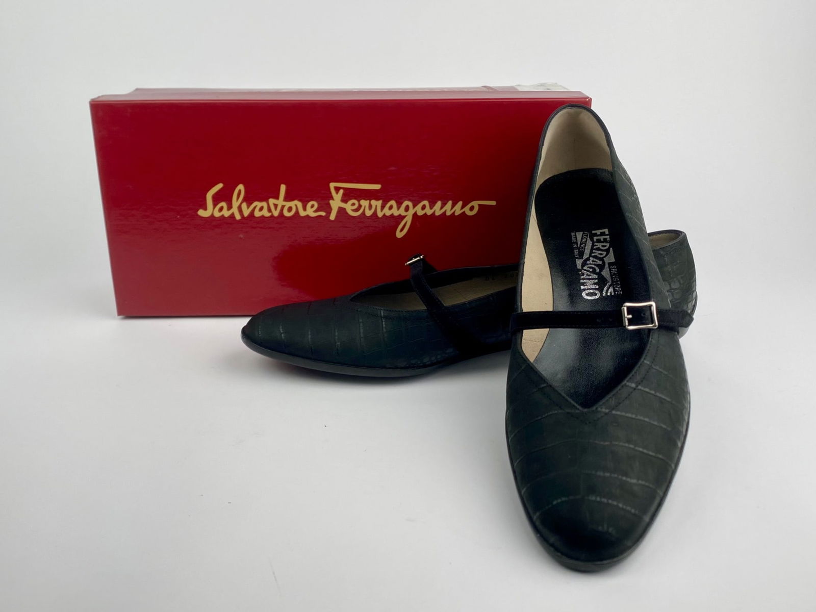 Salvatore Ferragamo ‘Audrey’ Croc-Embossed Leather Mary Jane Flats, Size 9.5 (1 of 8)