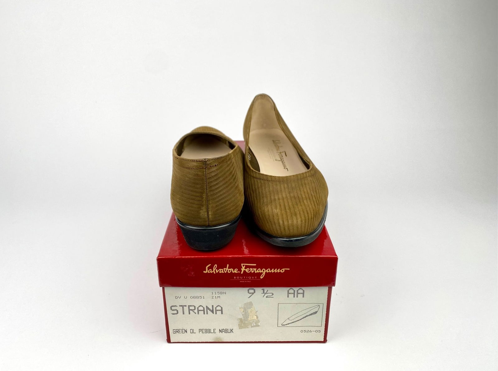 Salvatore Ferragamo ‘Strana’ Green Pebble Nubuck Flats, Size 9.5 AA with Box: Salvatore Ferragamo ‘Strana’ women’s shoes in size 9.5 AA. These brown corded shoes feature leather interior lining and rubber soles. They come housed in their original red branded box labeled �