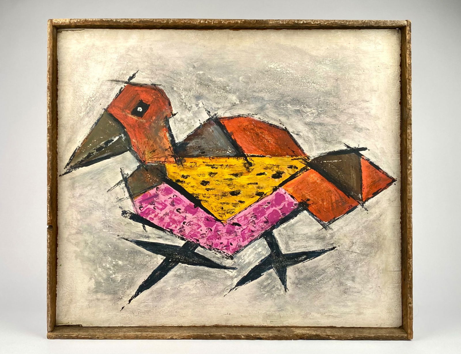 Mid-Century Modern Geometric Bird Painting, Signed W.H.: An abstract painting depicting a bird in a cubist style, signed ‘W.H.’ in the lower part of the design. The artwork showcases bold geometric shapes in a palette of orange, yellow, pink, and black