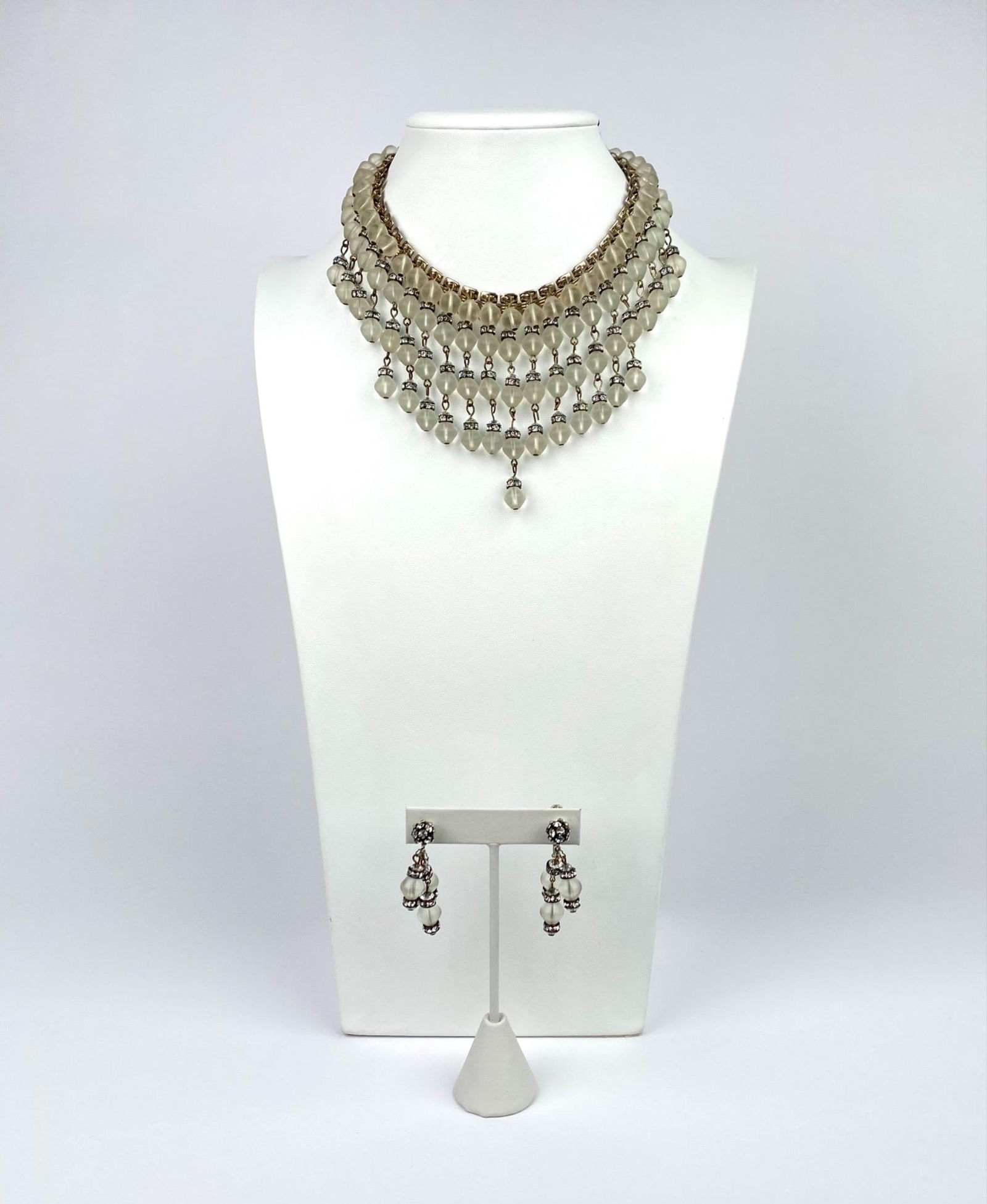 Vintage Frosted Bead & Rhinestone Fringe Necklace with Matching Earrings (1 of 10)