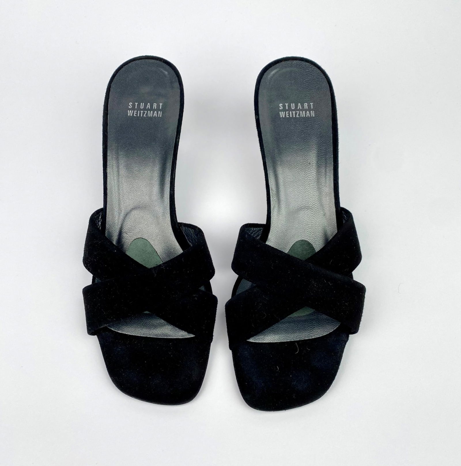 Stuart Weitzman Black Suede Open-Toe Heeled Slides, Size 9B (1 of 8)