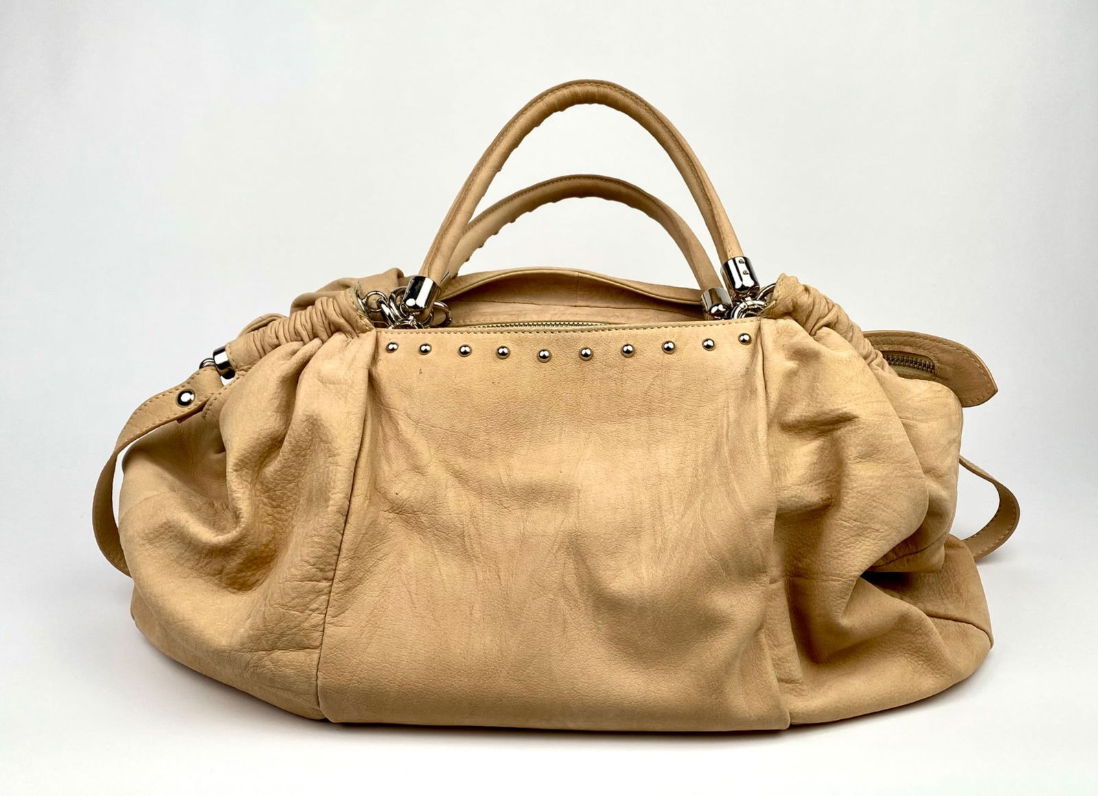 Large Beige Leather Handbag with Silver-Tone Stud Detailing (1 of 9)