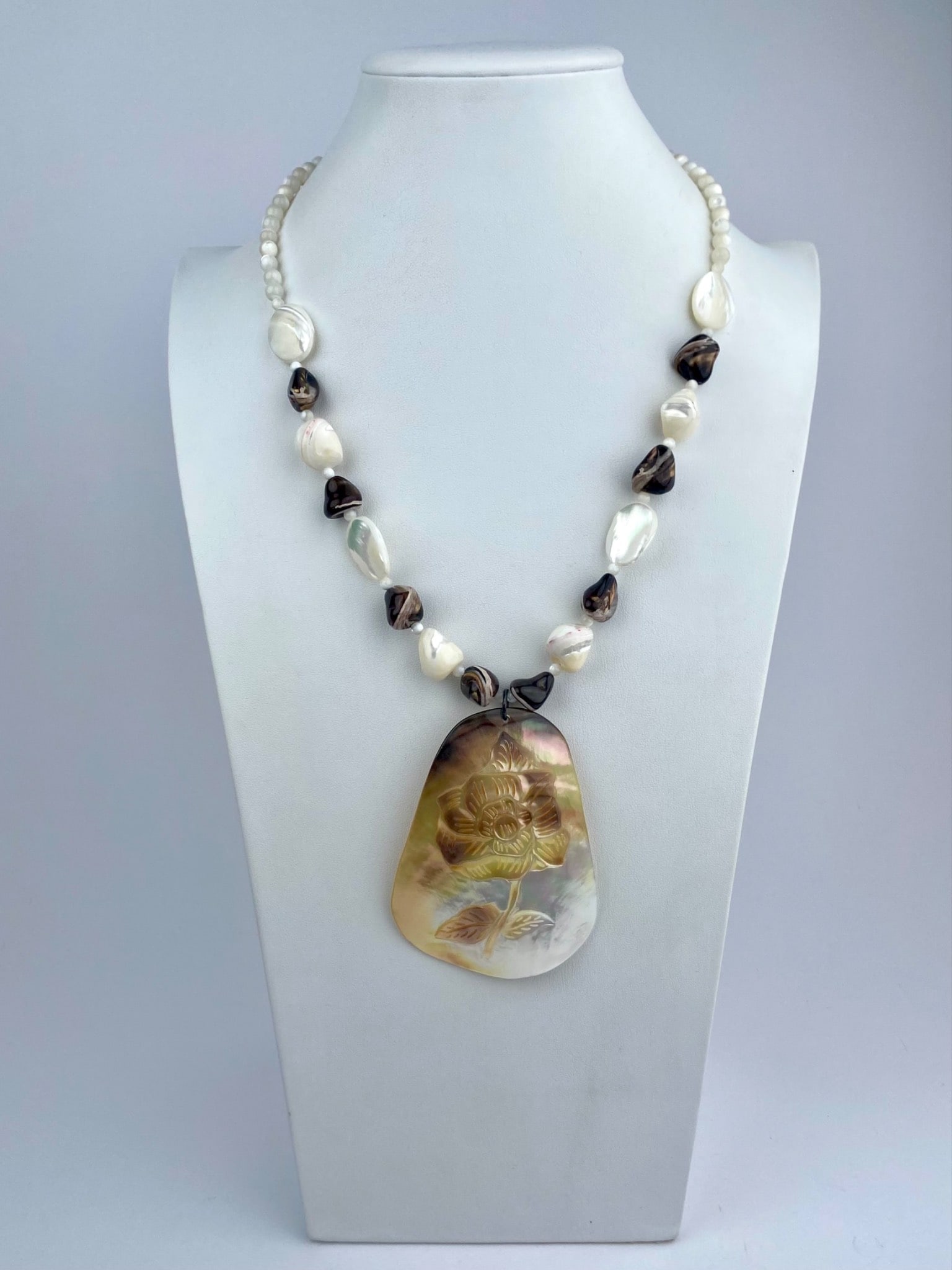 Mother-of-Pearl and Shell Beaded Necklace with Carved Floral Pendant (1 of 8)