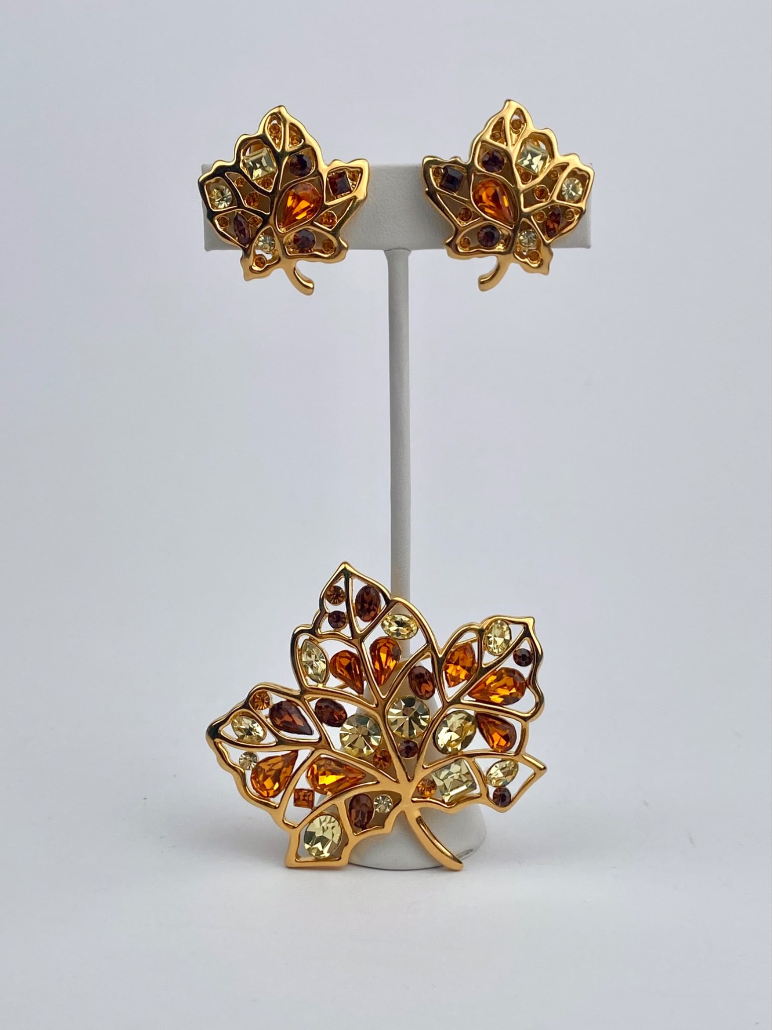 Nolan Miller Signed Leaf Brooch and Clip Earring Set with Amber Toned Crystals (1 of 8)