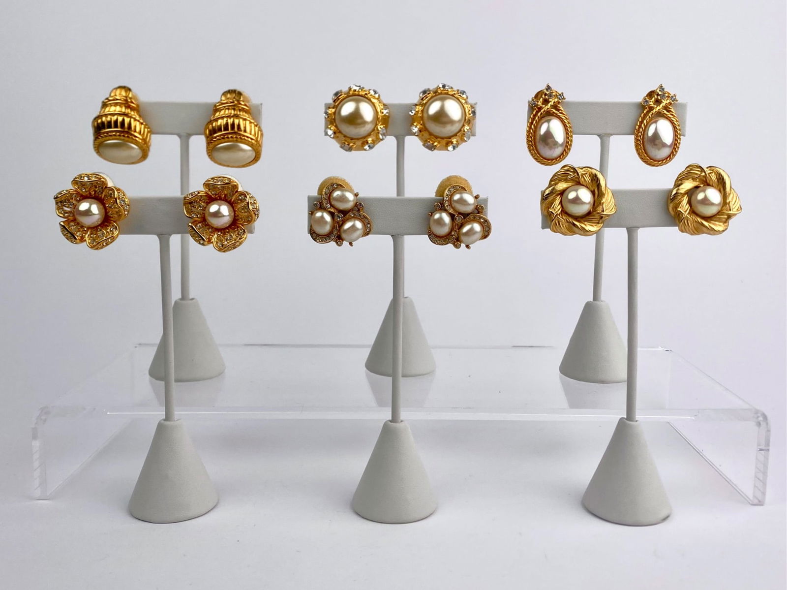 Set of Six Pearl and Gold-Tone Clip-On Earrings Including Kenneth Jay Lane and Nolan Miller (1 of 11)