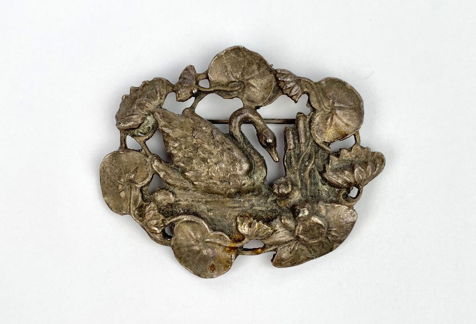 Antique Silver-Tone Brooch Featuring Swan & Lily Pad Motif (1 of 3)