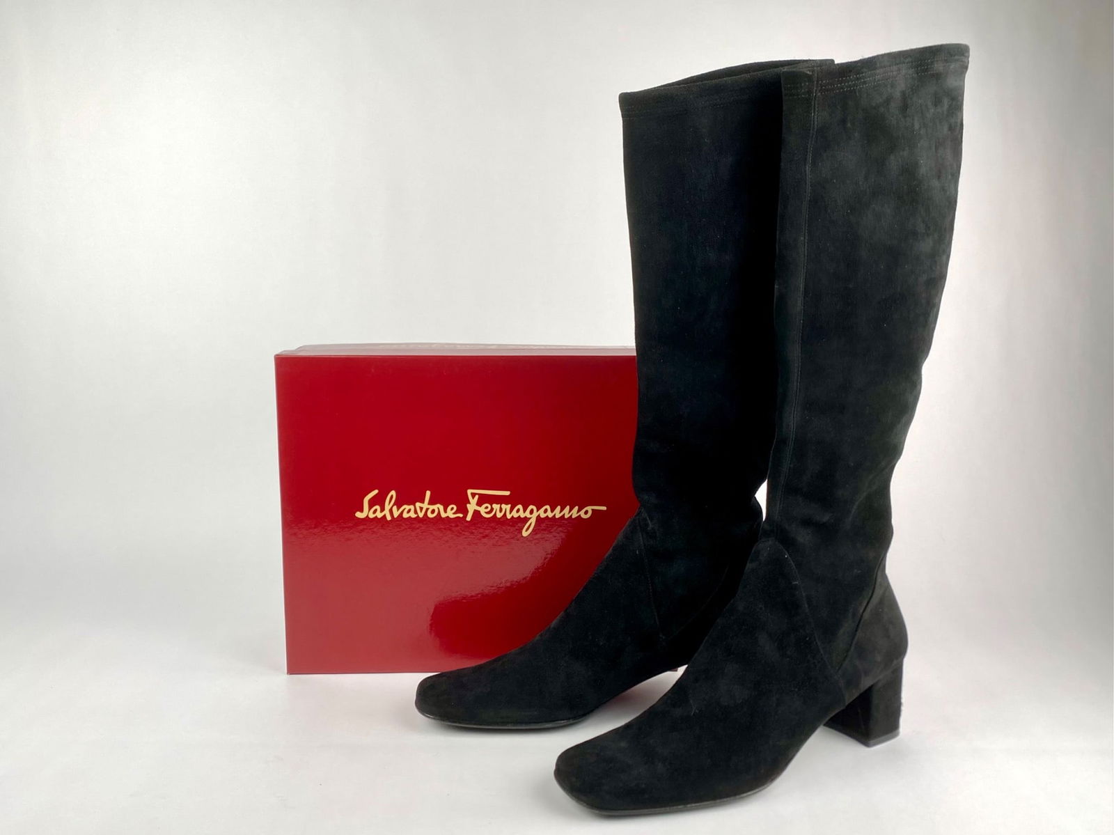 Salvatore Ferragamo Black Suede Knee-High Boots, Size 9 (1 of 12)