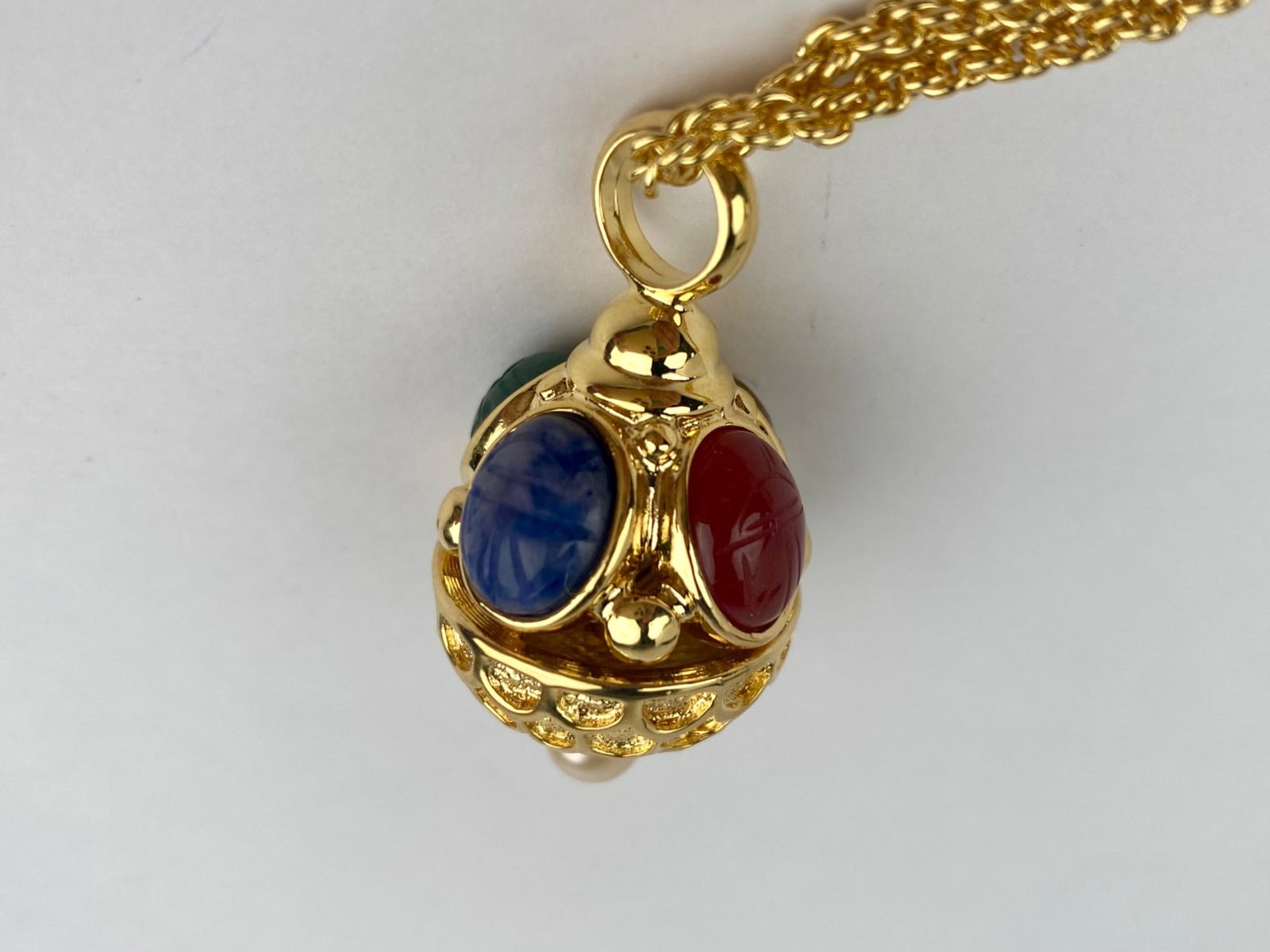 Gold-Tone Scarab Carved Cabochon Pendant Necklace with Pearl Drop - 6