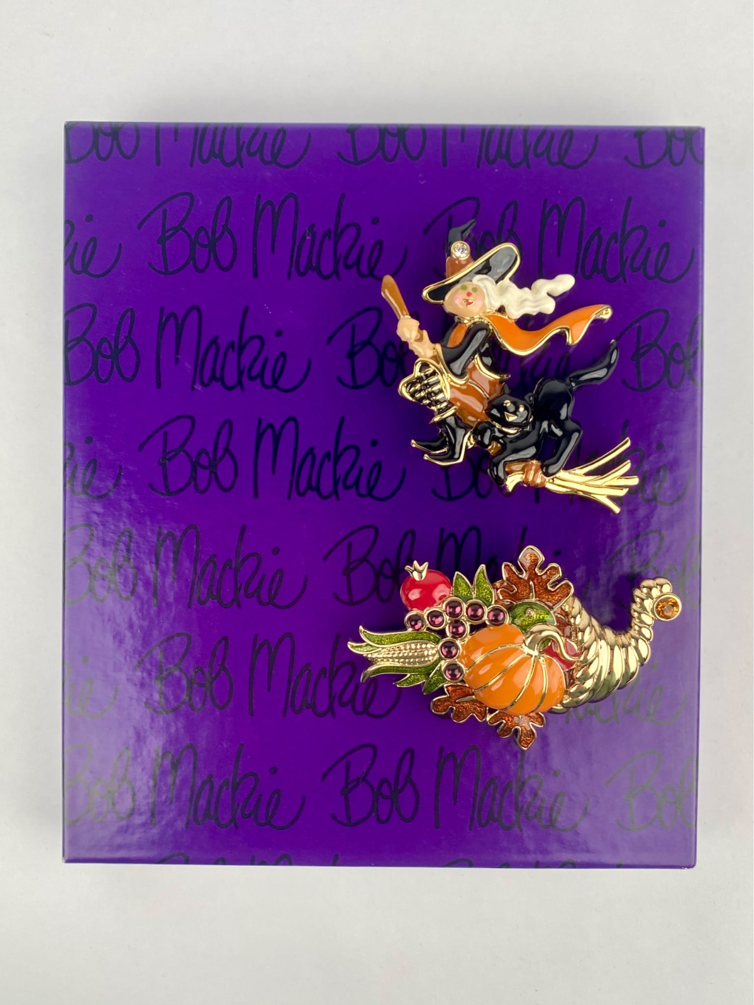 Bob Mackie Signed Witch and Cornucopia Brooch Set with Original Box (1 of 10)