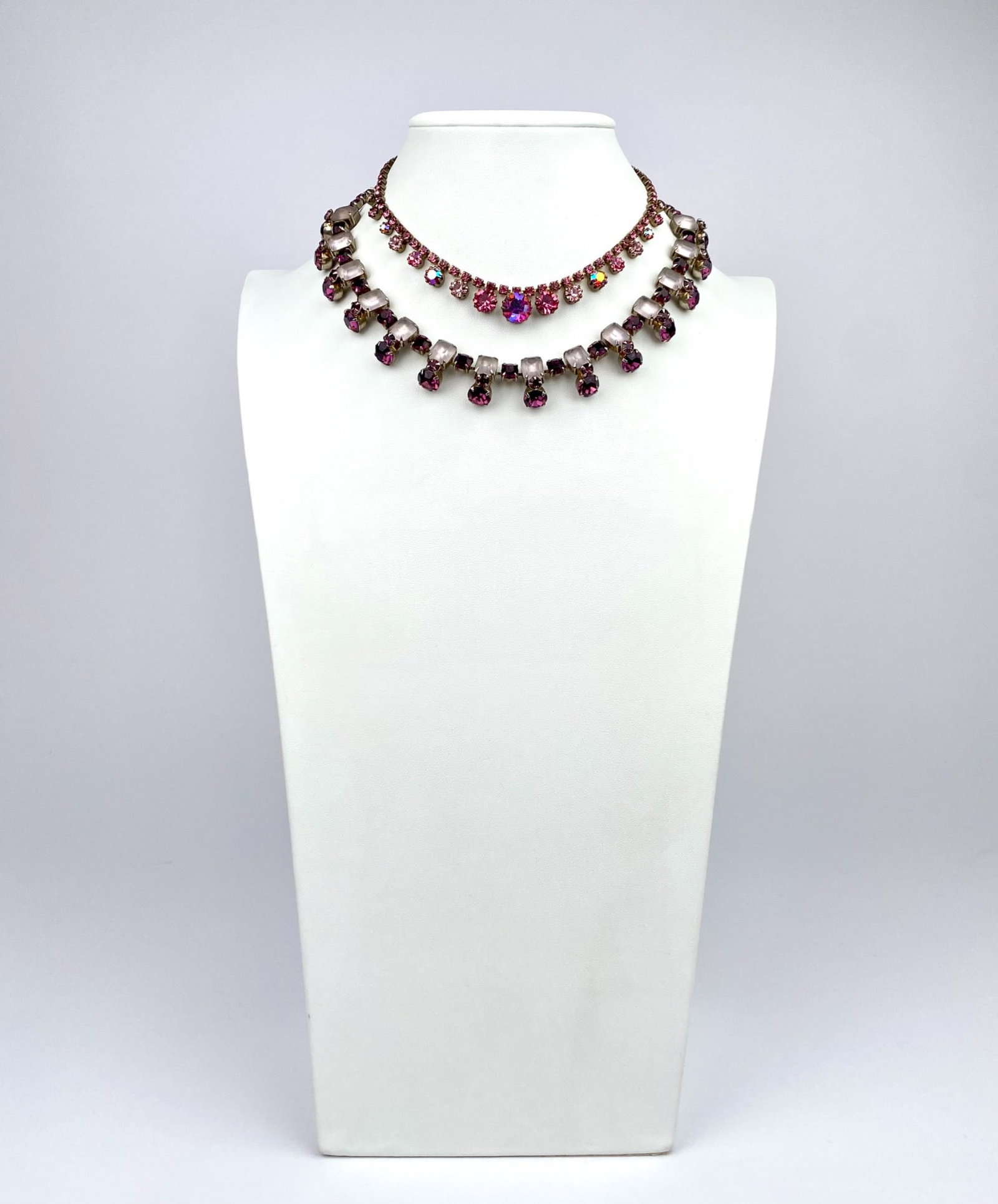 Pair of Vintage Pink & Purple Rhinestone Necklaces Including Signed Karu Arke (1 of 10)