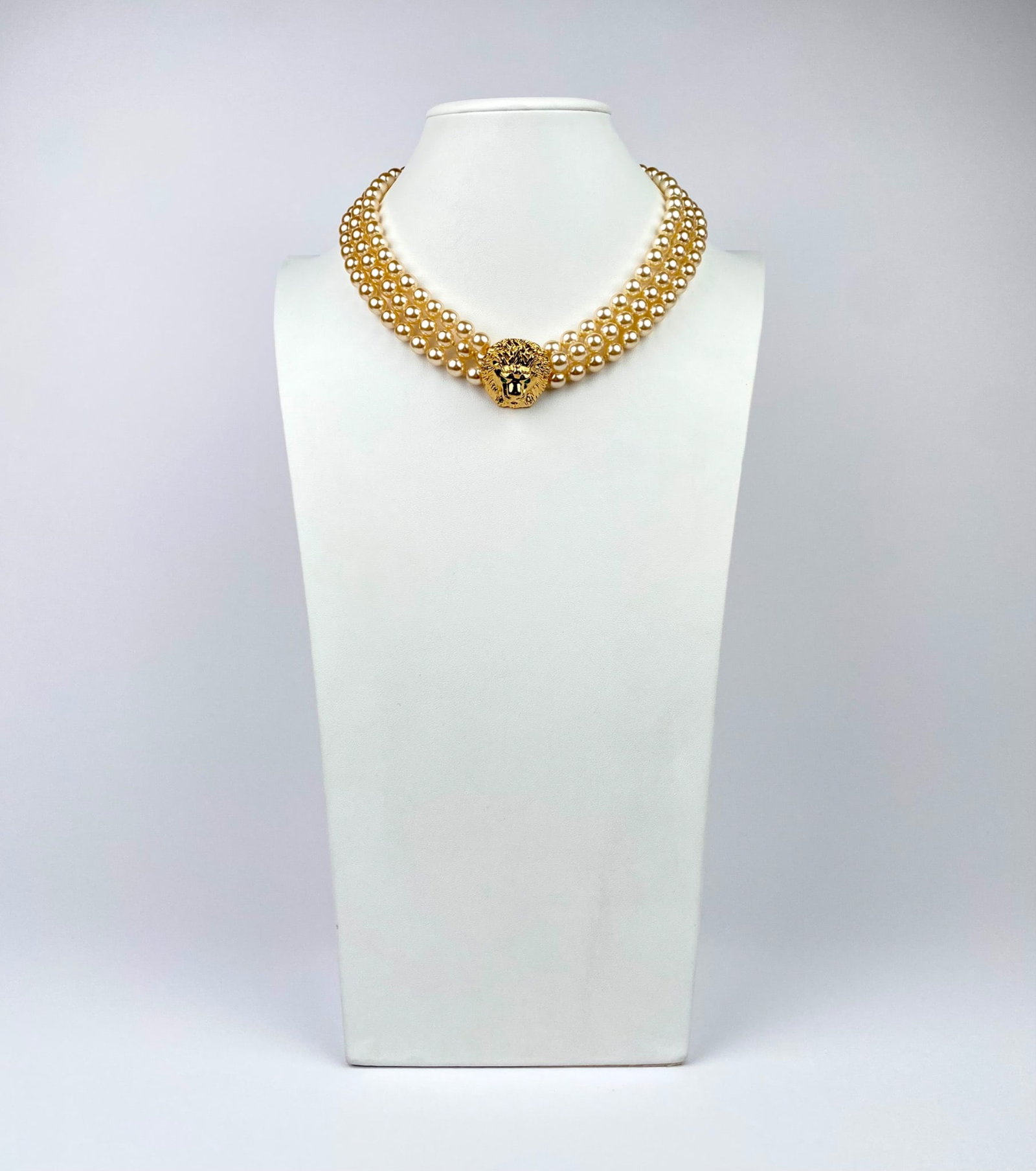 Signed Kenneth Jay Lane Multi-Strand Faux Pearl Lion Head Necklace (1 of 6)