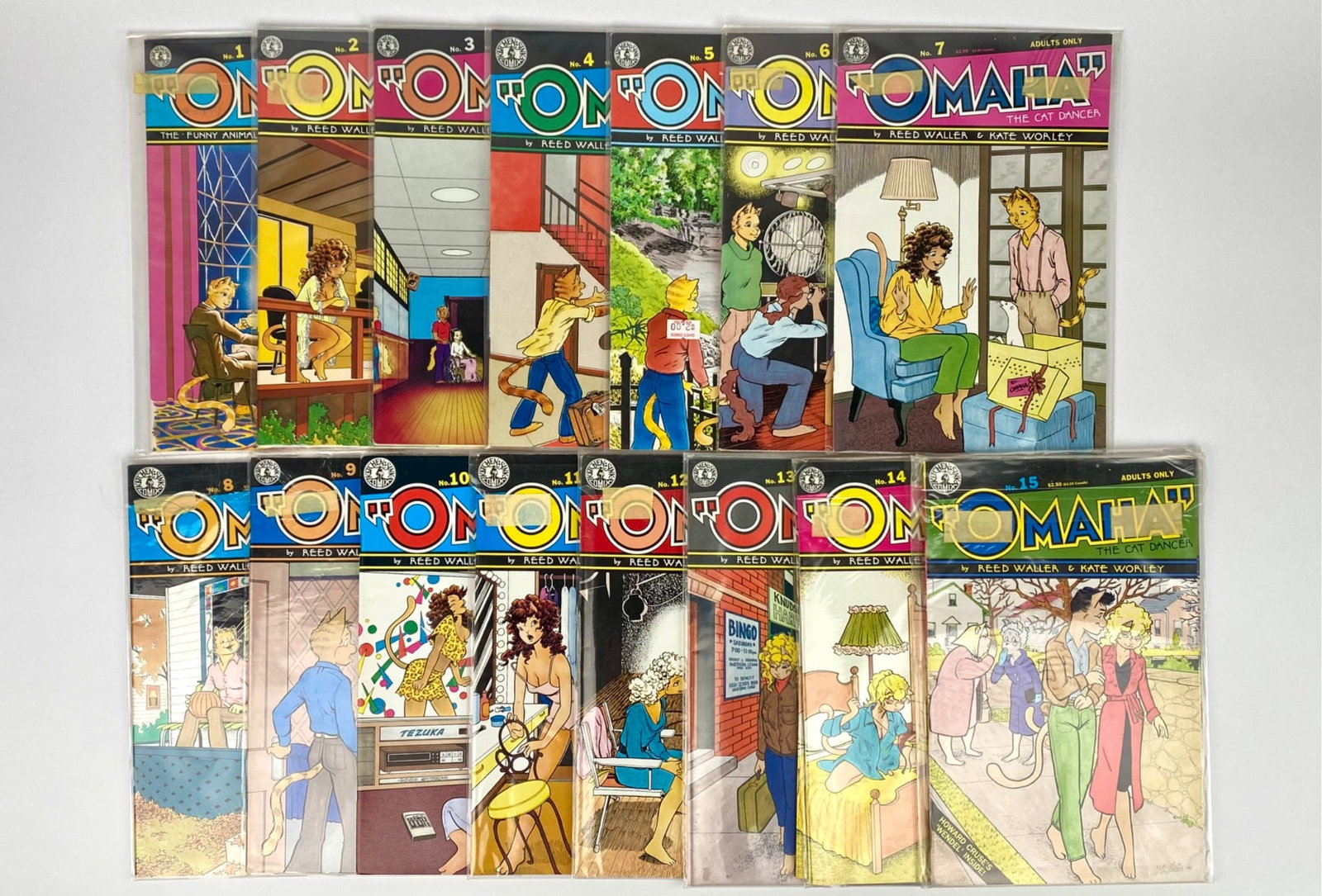 ‘Omaha the Cat Dancer’ comic books by Reed Waller and Kate Worley. Includes issues #1-#15 along: ‘Omaha the Cat Dancer’ comic books by Reed Waller and Kate Worley. Includes issues #1-#15 along with two copies of #14 and #15, most are packaged in protective sleeves. The condition of the