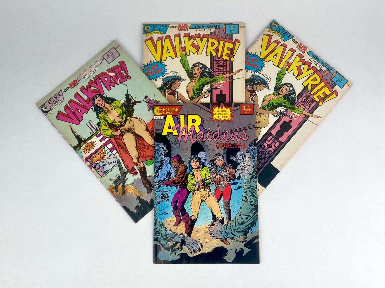 Group of Eclipse Comics titles including "Valkyrie!" mini-series issues No. 1 of 3 and two copies of: Group of Eclipse Comics titles including "Valkyrie!" mini-series issues No. 1 of 3 and two copies of No. 2 of 3, together with "Air Maidens Special" No. 1. Published by Eclipse Comics as part of the