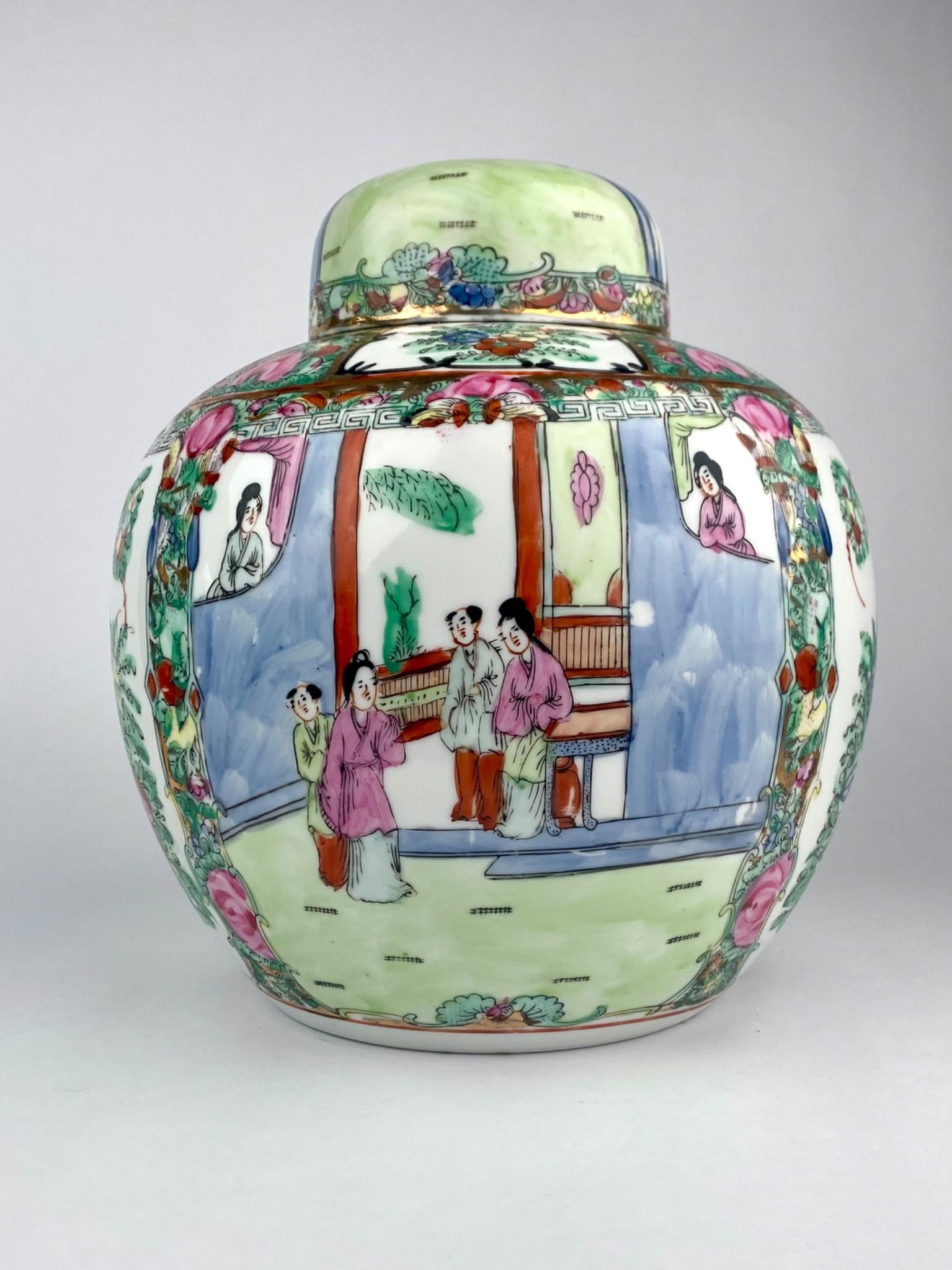 ACF decorated Japanese porcelain lidded ginger jar featuring hand-painted figural court scenes (1 of 10)