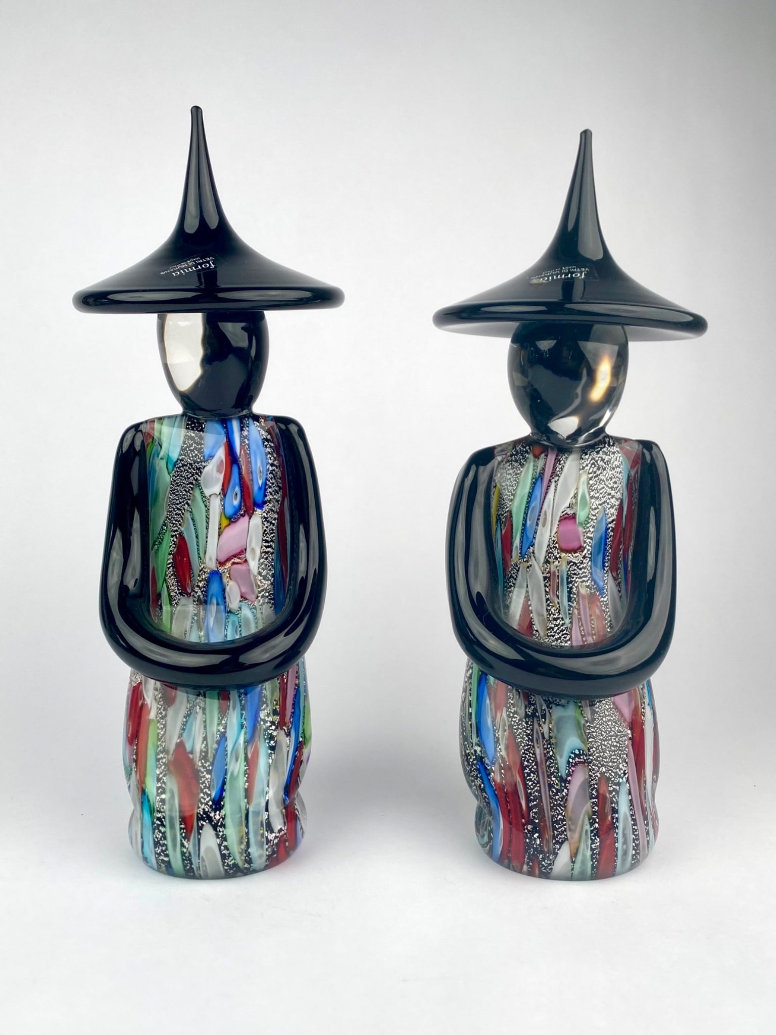 Pair of Murano art glass figural sculptures depicting stylized seated figures wearing wide conical (1 of 10)