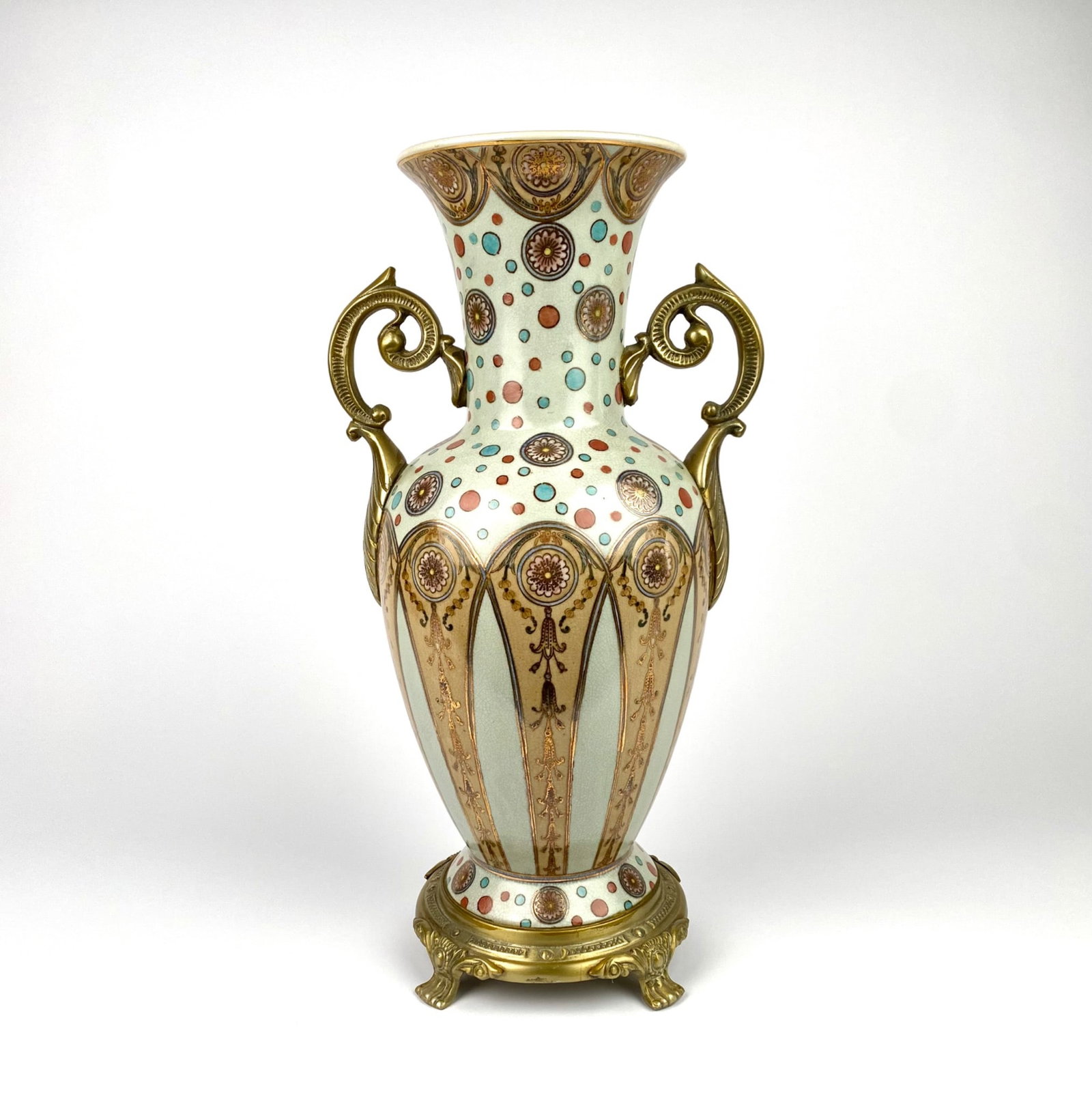 Chinese porcelain vase featuring intricate polychrome designs including floral and dotted patterns, (1 of 8)