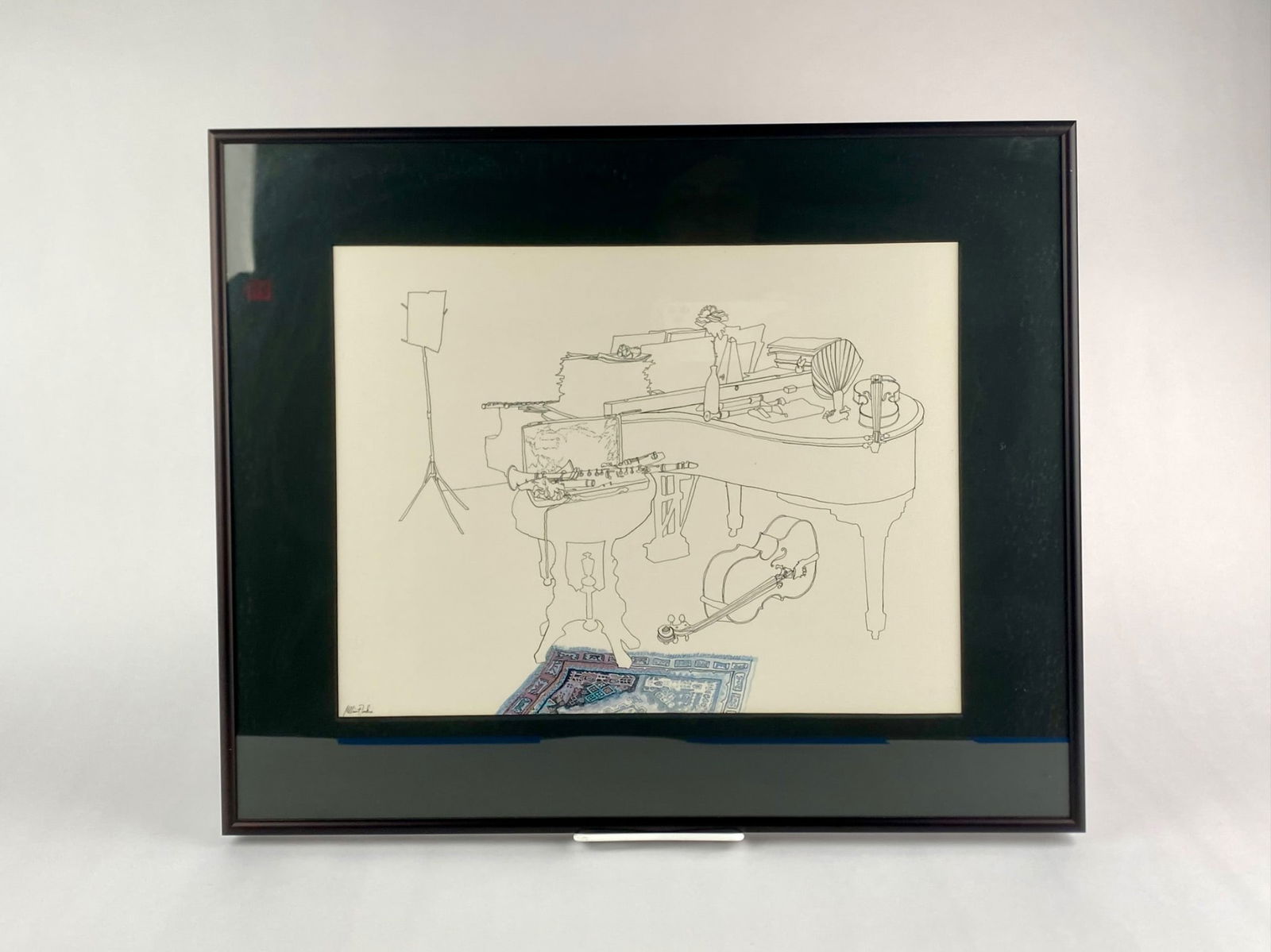 Signed drawing titled "The Clarinet" by Millicent Tompkins, depicting a stylized still life of: Signed drawing titled "The Clarinet" by Millicent Tompkins, depicting a stylized still life of musical instruments arranged around a grand piano. The composition features a clarinet resting on a chair
