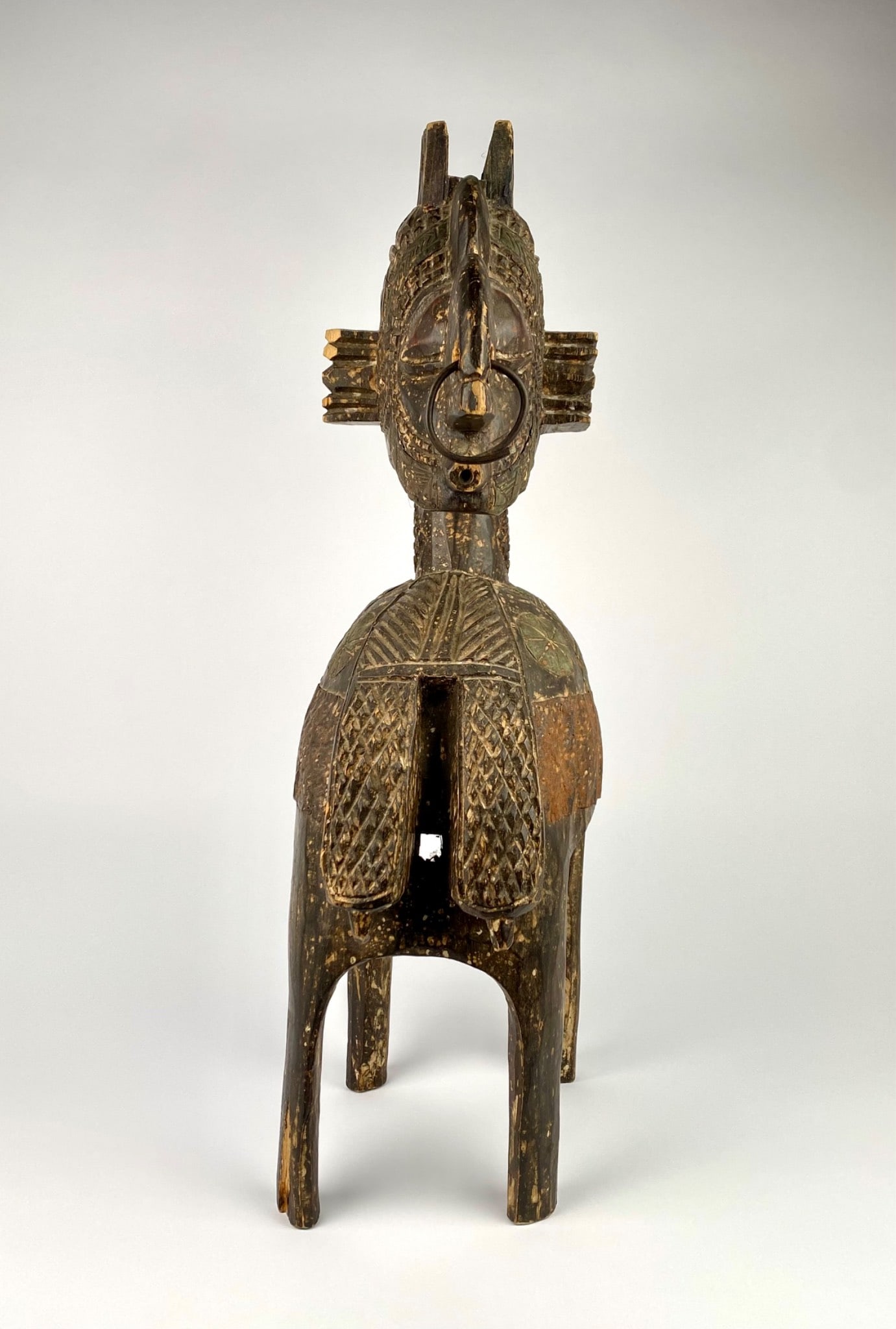 Wooden West African Style Zoomorphic Sculpture with Incised Patterns & Metal Accents (1 of 12)
