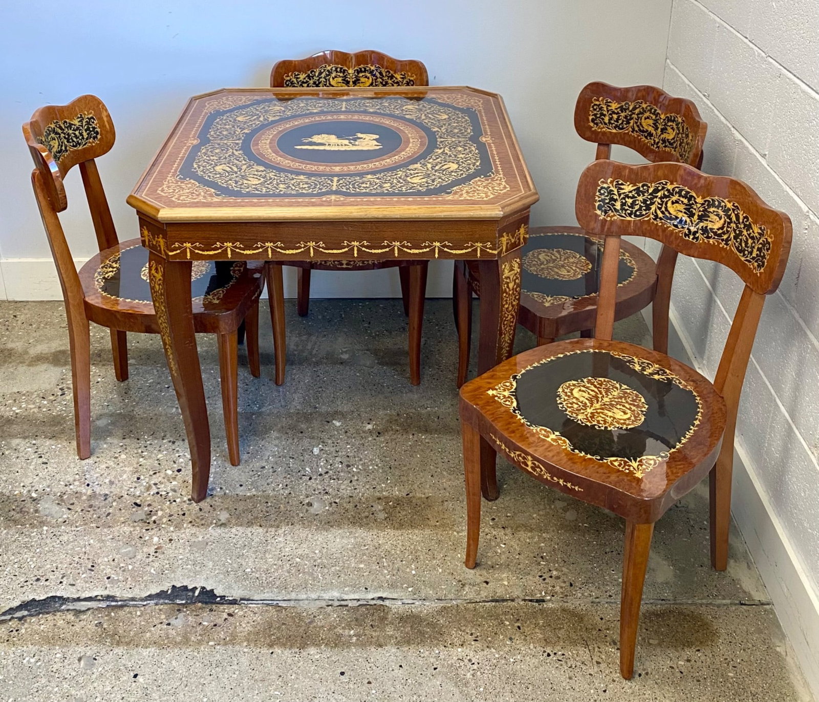 Marquetry inlaid multifunctional game table with four matching chairs. The table features (1 of 12)