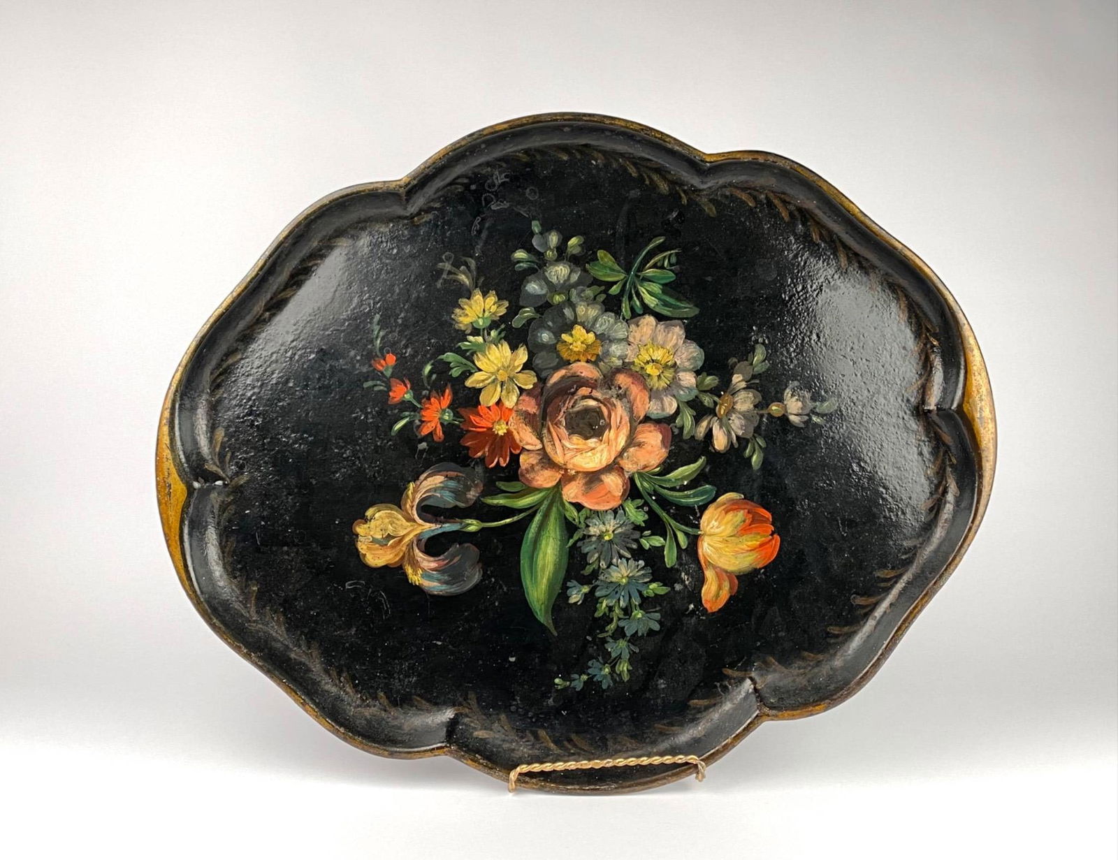 Antique Hand-Painted Toleware Tray with Floral Design on Black Background (1 of 7)
