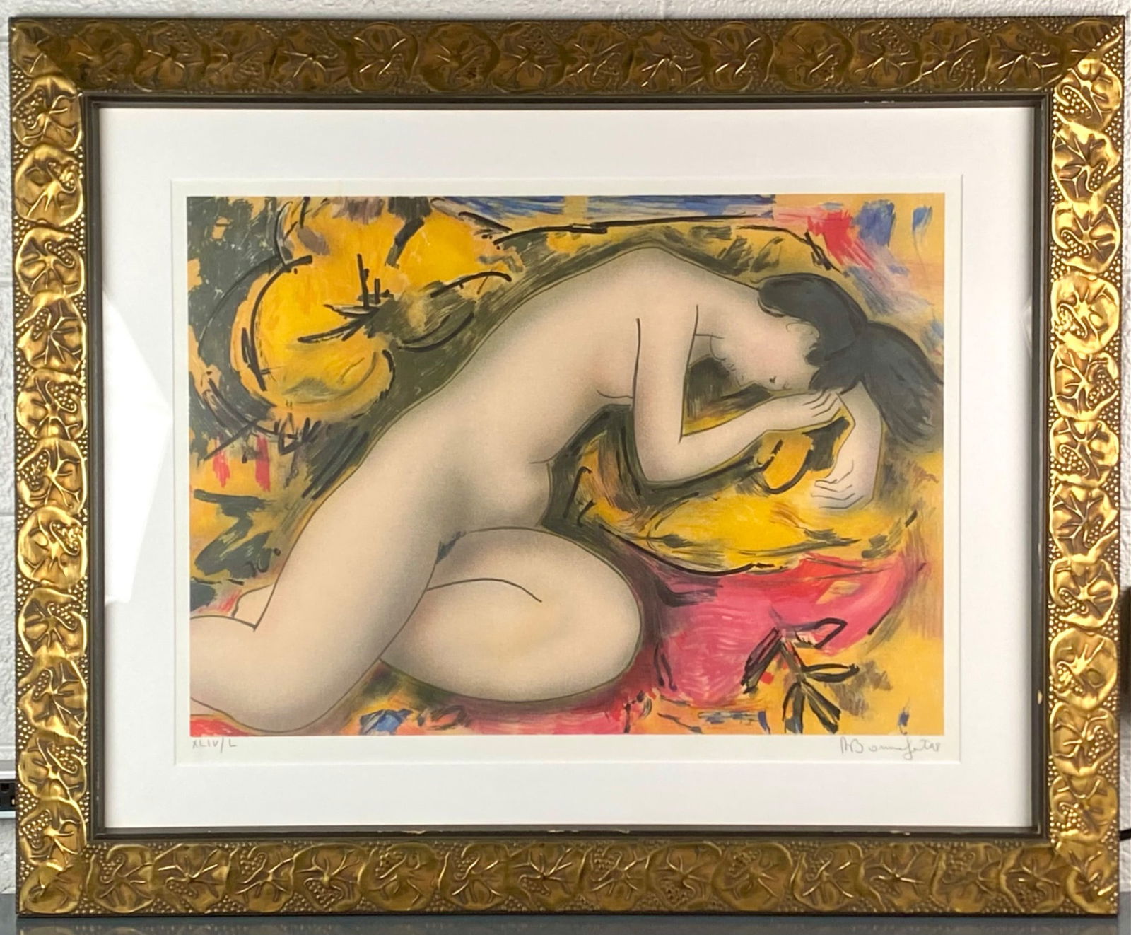 Alain Bonnefoit Signed Nude Lithograph, 1998 (XLIV/L): Limited edition original lithograph by Alain Bonnefoit, signed in pencil at the lower right “A Bonnefoit 98.” The image features a reclining nude female figure against an abstract background i