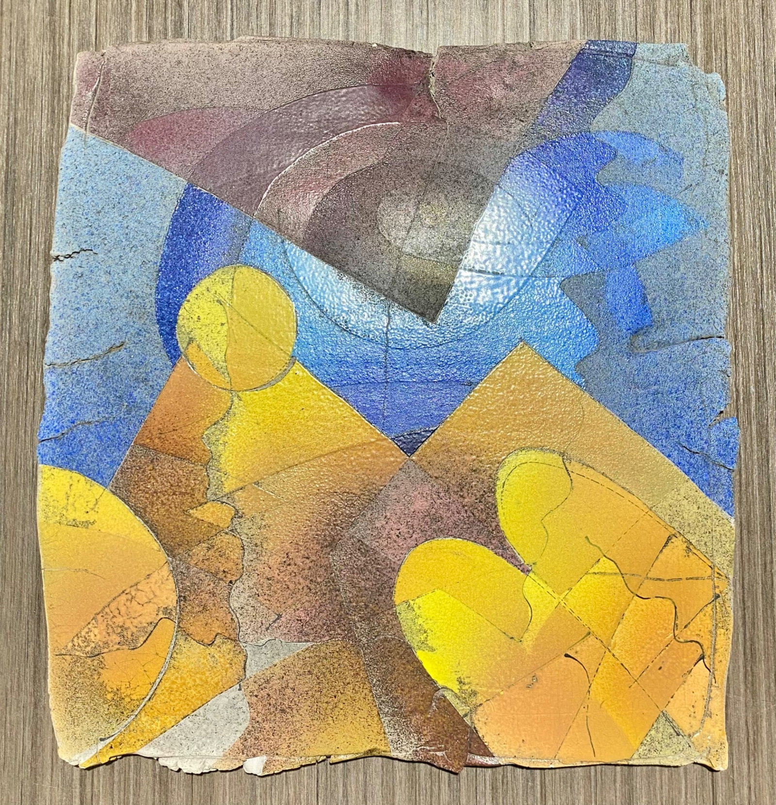 ‘Summer Evening Series’, 1987, Mixed Media on Plaster Tile by H.R. Barnhardt: Abstract artwork titled “Summer Evening Series, 1987” by artist H.R. Barnhardt. Features vibrant geometric patterns in shades of blue, yellow, and earthy tones with visible age-related wear, i