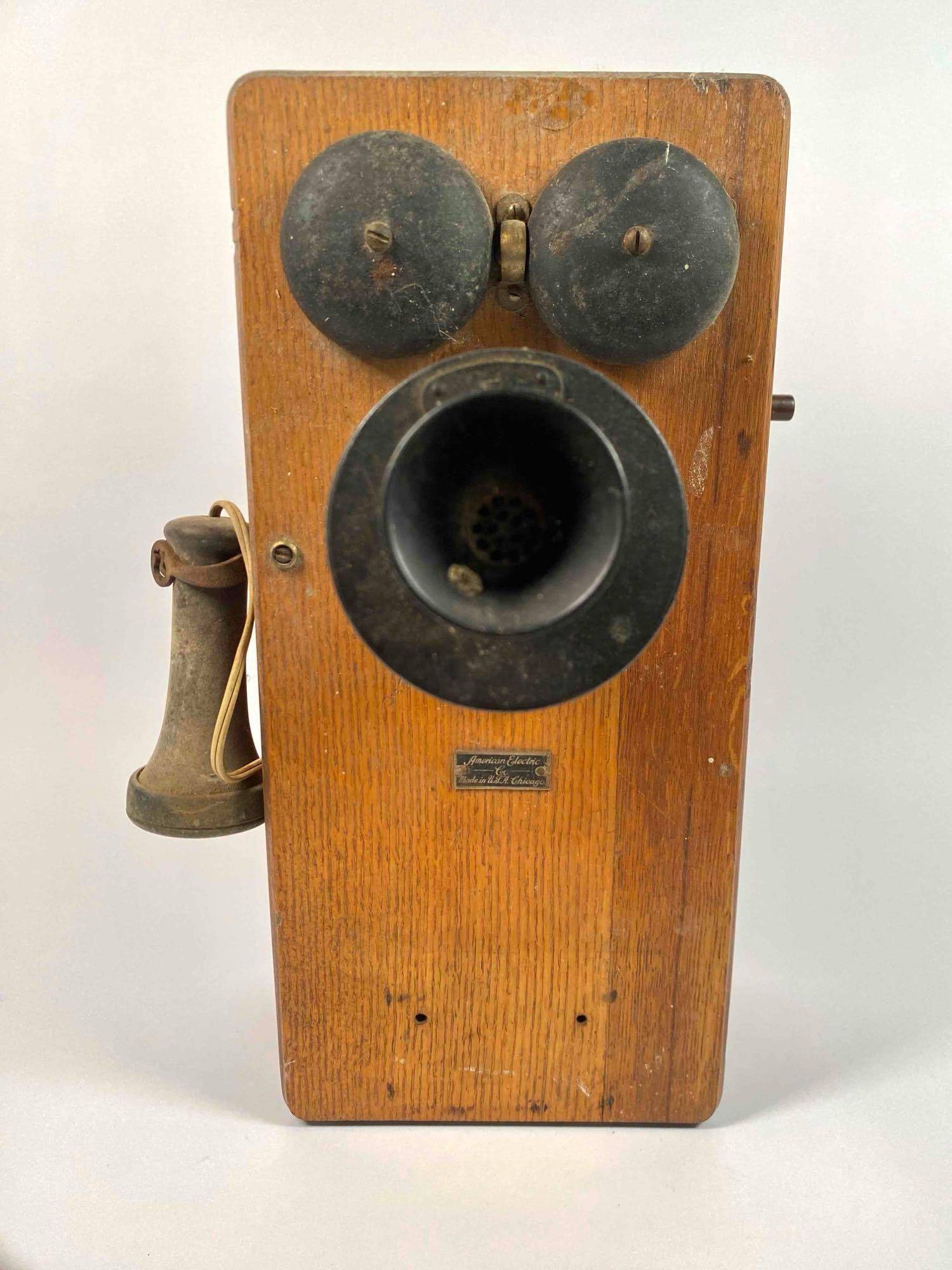 Vintage hand crank wall-mounted wood telephone made out of Oak. Late 19th century telephone produced (1 of 12)
