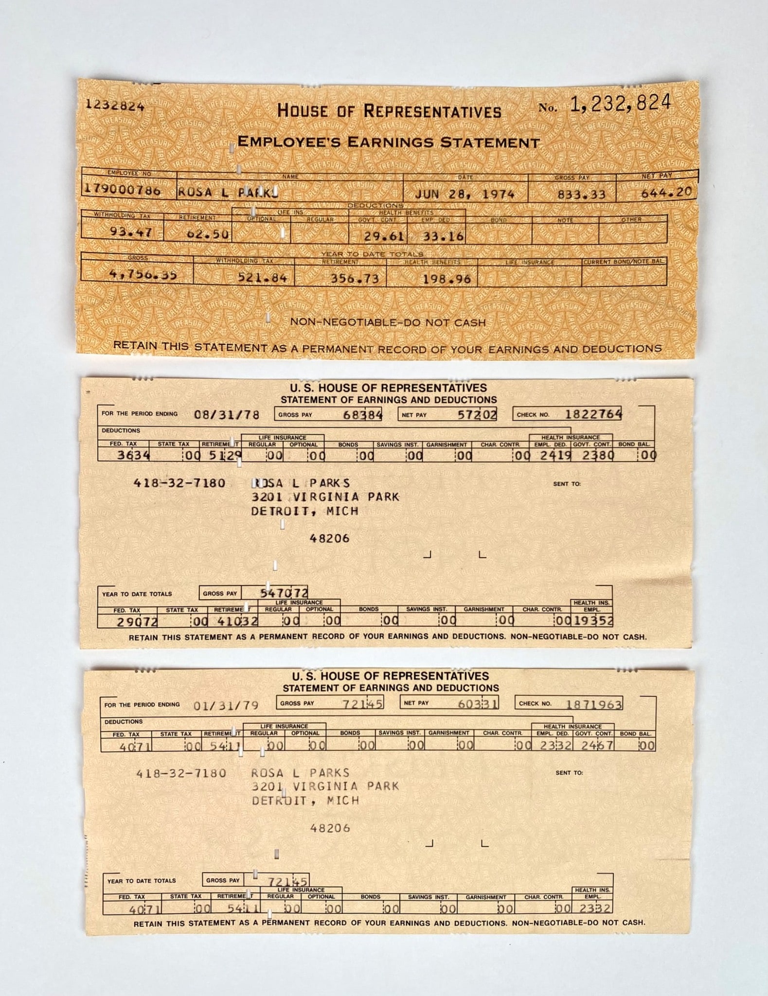 Rosa Parks – Three U.S. House of Representatives Earnings Statements 1974-1979 (1 of 5)