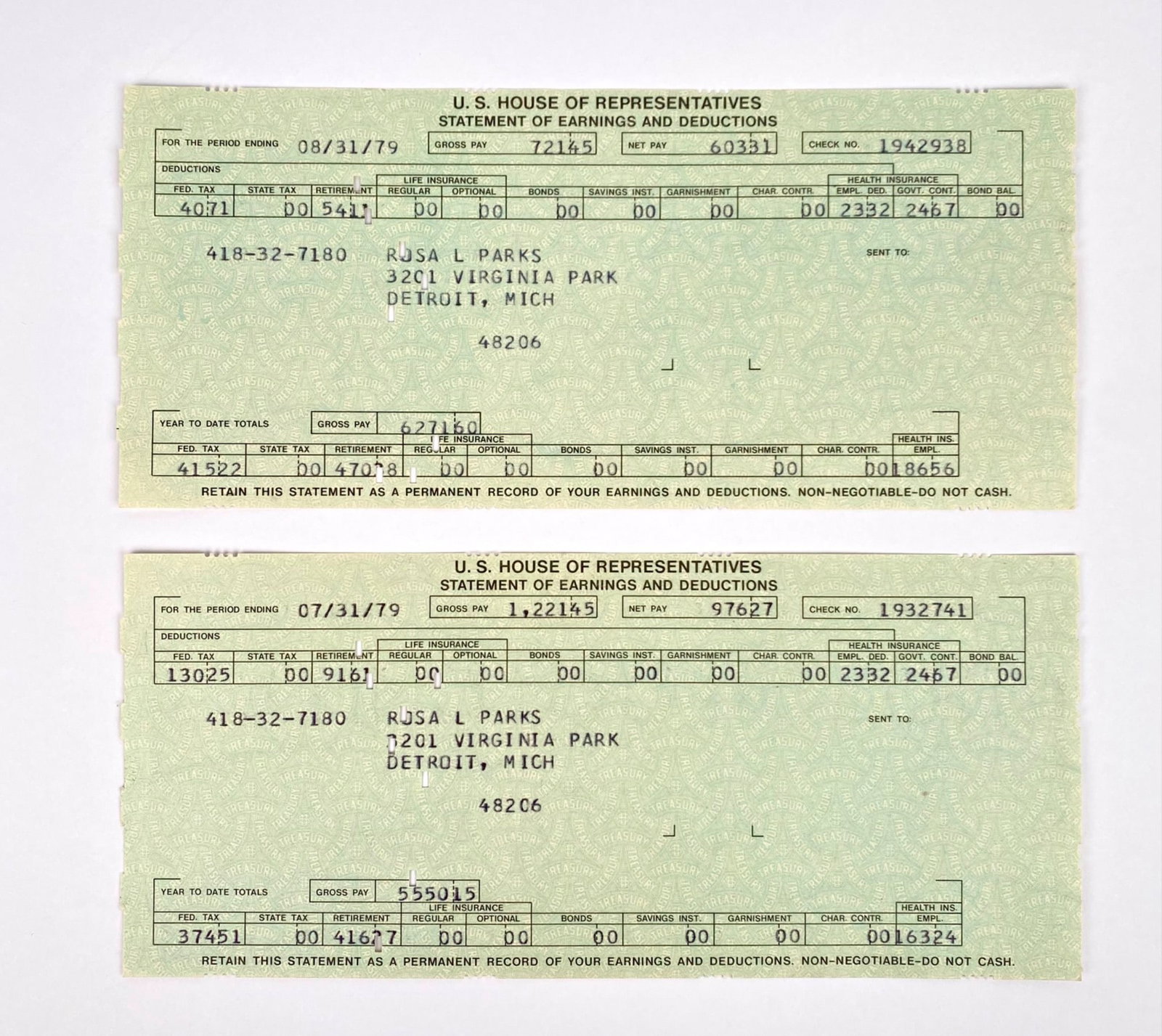 Rosa Parks – Two U.S. House of Representatives Statements of Earnings 1979: From the Rosa Parks Congressional Career Archive.Two original U.S. House of Representatives Statements of Earnings and Deductions from 1979 issued to Rosa L. Parks, detailing salary payments for July
