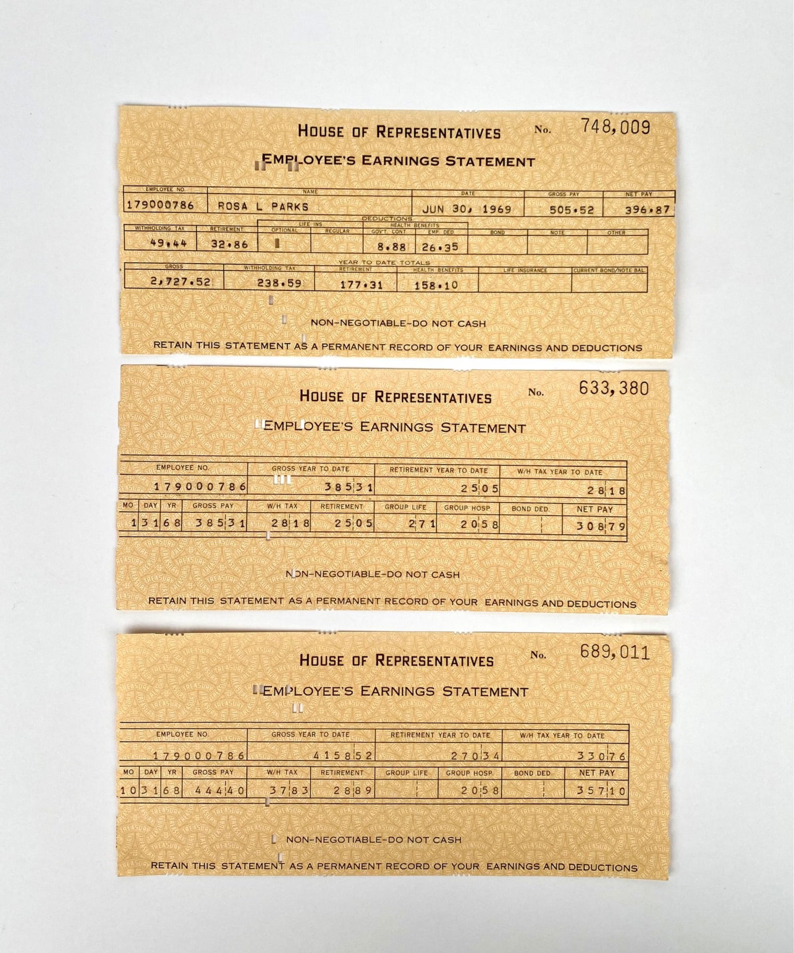 Rosa Parks – Three U.S. House of Representatives Earnings Statements 1968-1969: From the Rosa Parks Congressional Career Archive.Three original House of Representatives Employee’s Earnings Statements issued to Rosa L. Parks during her employment as secretary to Congressman