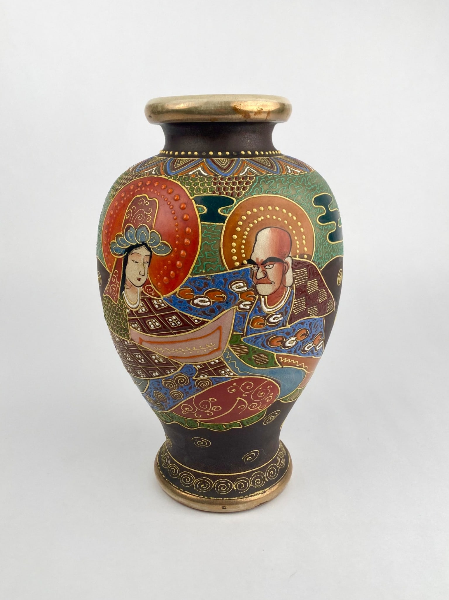 Japanese Satsuma-style ceramic vase featuring finely detailed figural decoration depicting robed (1 of 8)