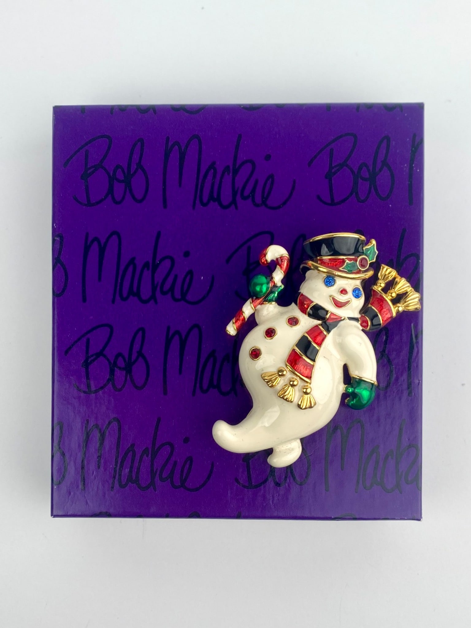 Bob Mackie Signed Snowman Holiday Brooch with Original Box (1 of 8)