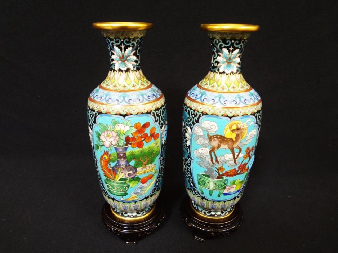 (2) Cloisonne Vases Deer Decoration 10" Tall (1 of 4)
