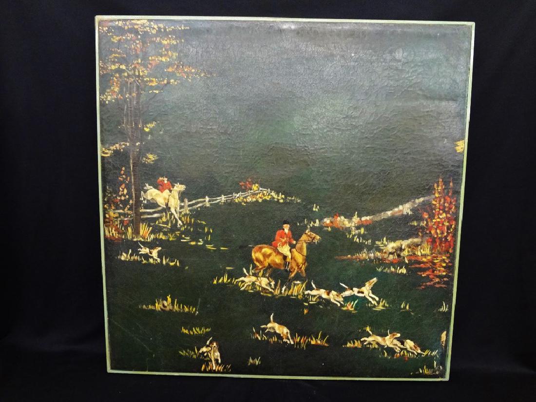 Antique Hand Painted Top Wood Folding Card Table: Antique Hand Painted Top Wood Folding Card Table: Great early wooden folding card table. Has hand painted leather top with a hunting scene. Measures 30x30 top. Table is in excellent condition