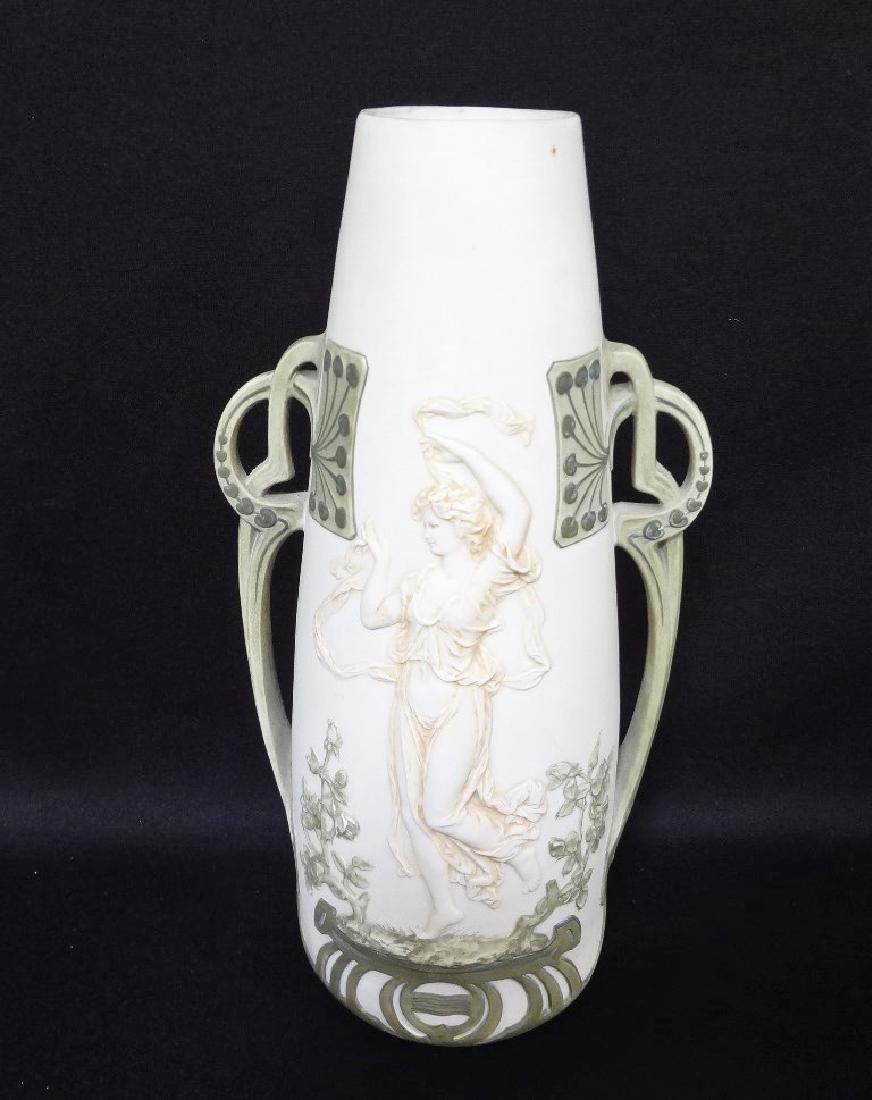 Bisque Porcelain Two Handled Vase Green/White Raised (1 of 6)