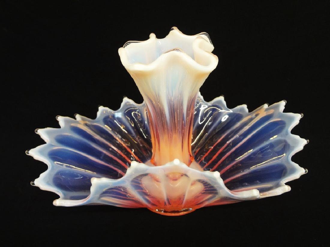 Fostoria Pink Ruffled Opalescent Epergne Center Bowl: Fostoria Pink Ruffled Opalescent Epergne Center Bowl: Measures 13.5 x 6" and stands 8.5" tall. No condition issues.