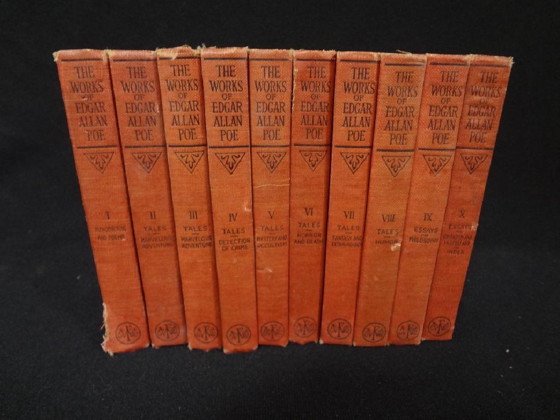 1904 The Works of Edgar Allen Poe (10) Volumes: 1904 The Works of Edgar Allen Poe (10) Volumes: Red cloth covered boards. Books in excellent condition.