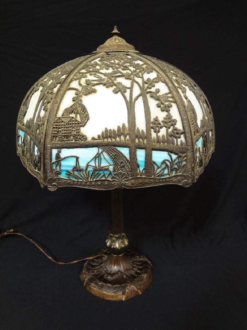 Miller Lamp Co. Six Panel Slag Glass Lamp Pierce Carved (1 of 7)