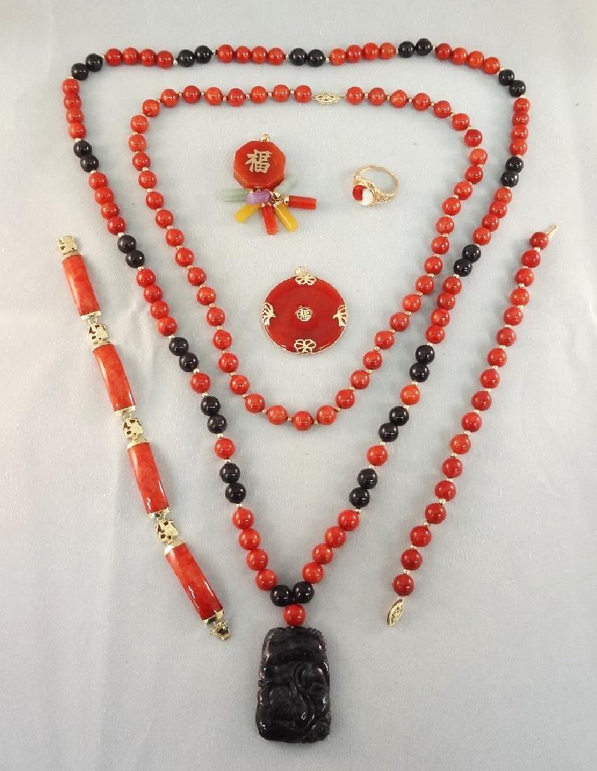 14K Gold and Red Coral Jade Jewelry Suite: (2) (1 of 9)